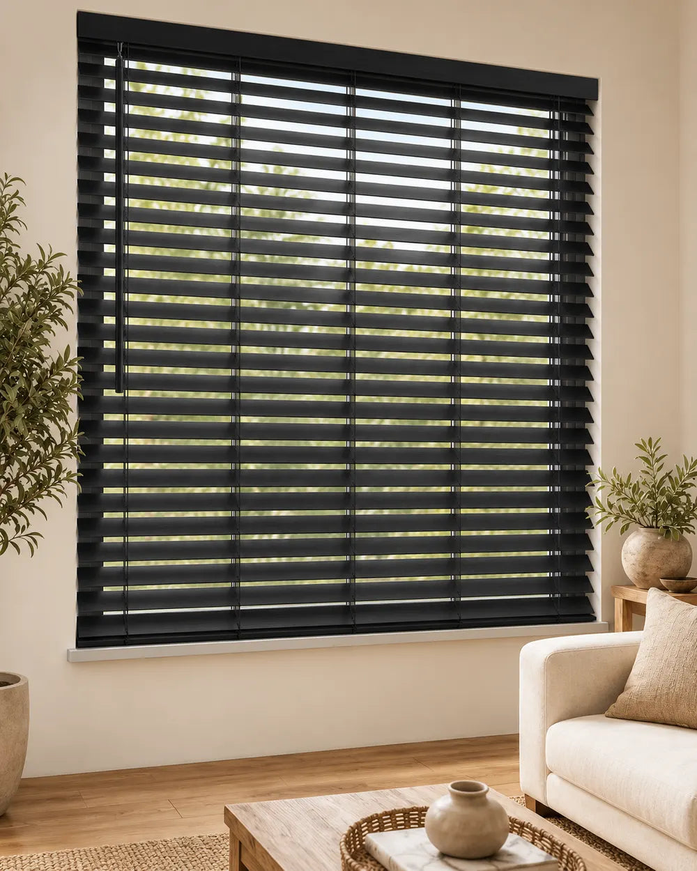 Black real wood blind half-open room illustration