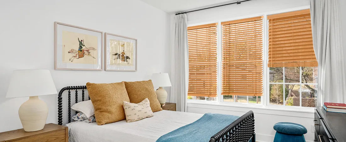 Supplied Teak J07 wood blinds in a warm bedroom