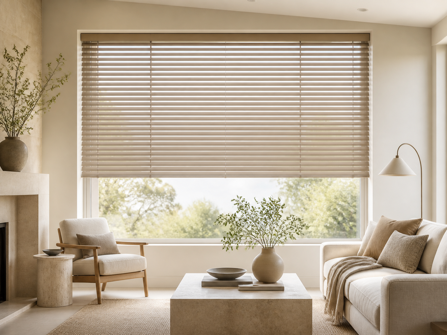 Custom made blinds in a bright contemporary living room