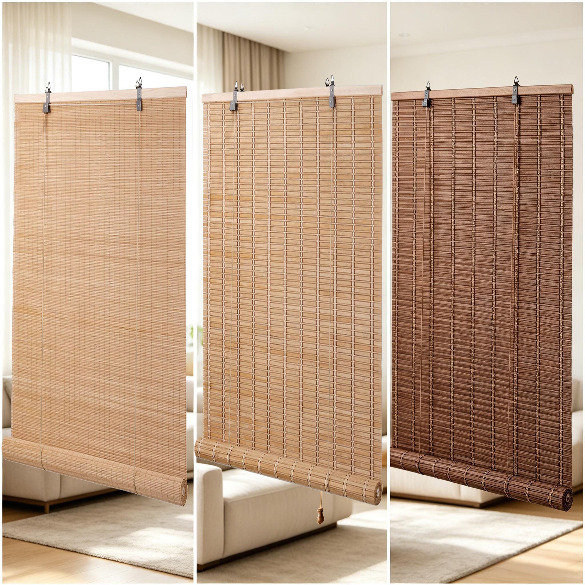 Roll-up bamboo window blinds fully extended on a sunlit window