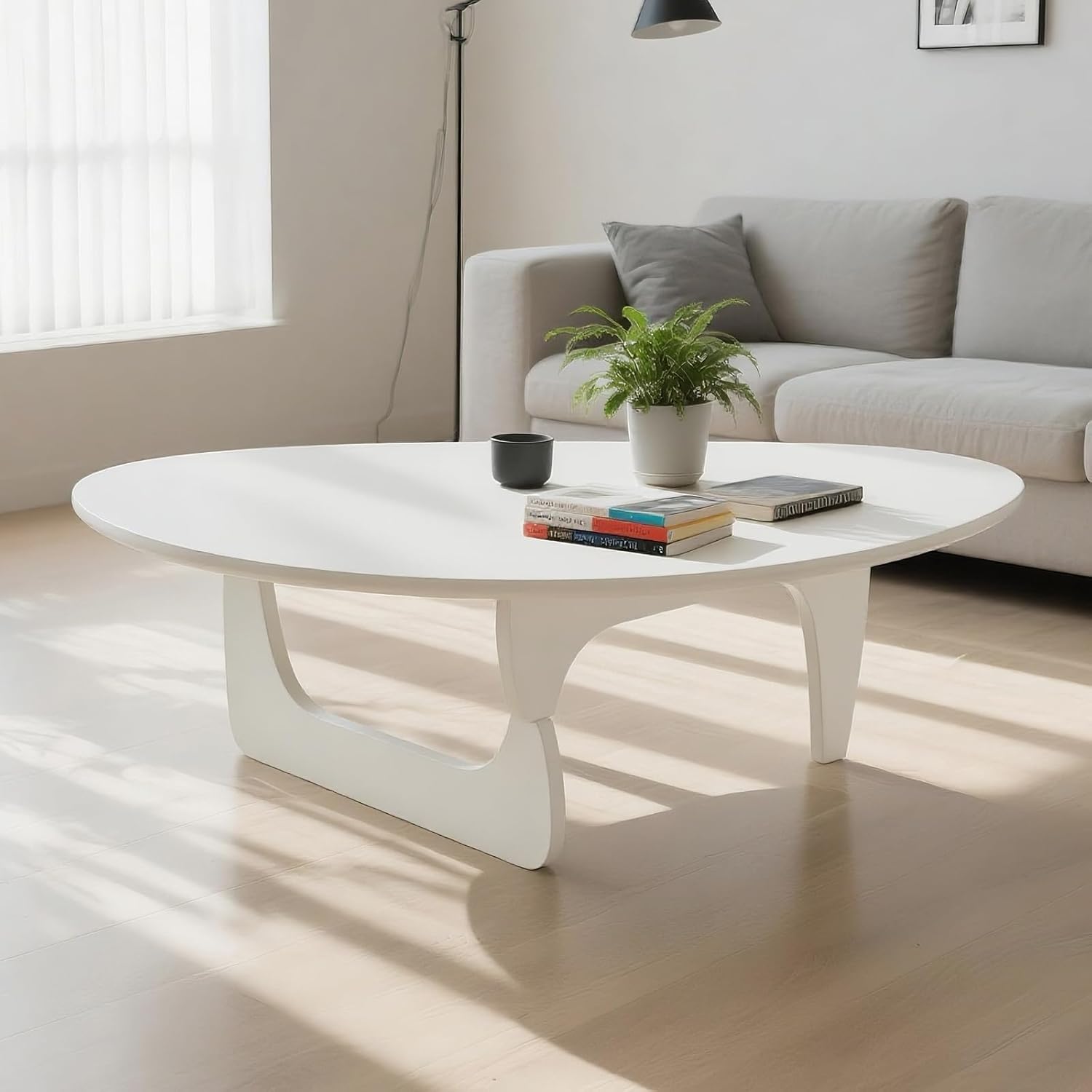 Mid-Century Modern Triangular Solid Wood Coffee Table - Unique Irregular Geometric Oval Table with Reinforced Legs for Living Room