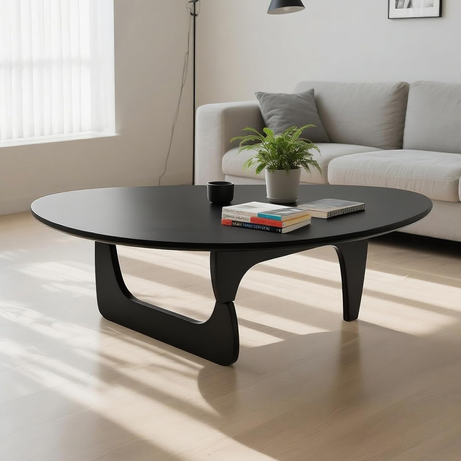 Mid-Century Modern Triangular Solid Wood Coffee Table - Unique Irregular Geometric Oval Table with Reinforced Legs for Living Room
