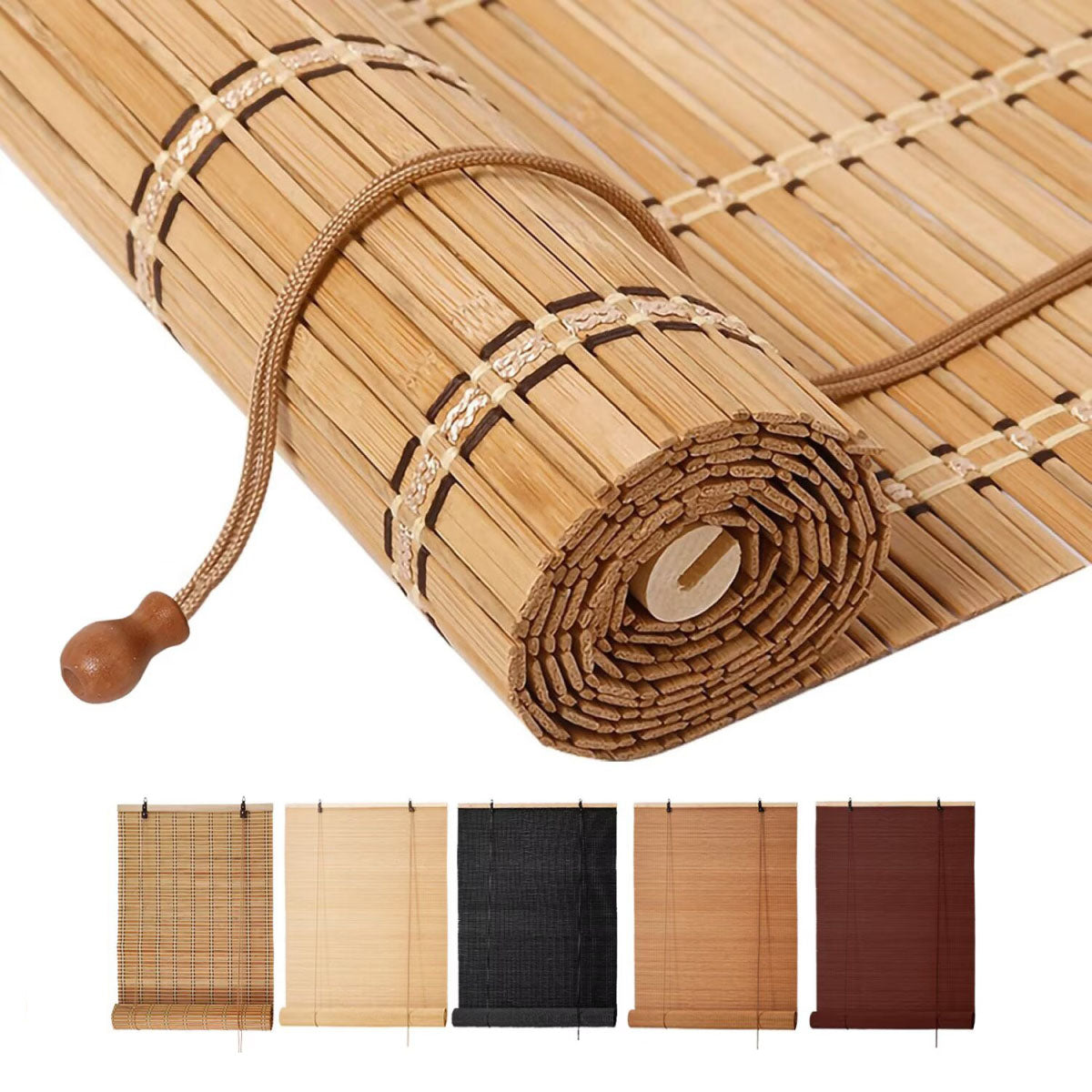Free Shipping-Natural Bamboo Roller Shades, Classic Light Filtering Window Blinds, Easy Installation for Home & Patio, 5 Colors Available