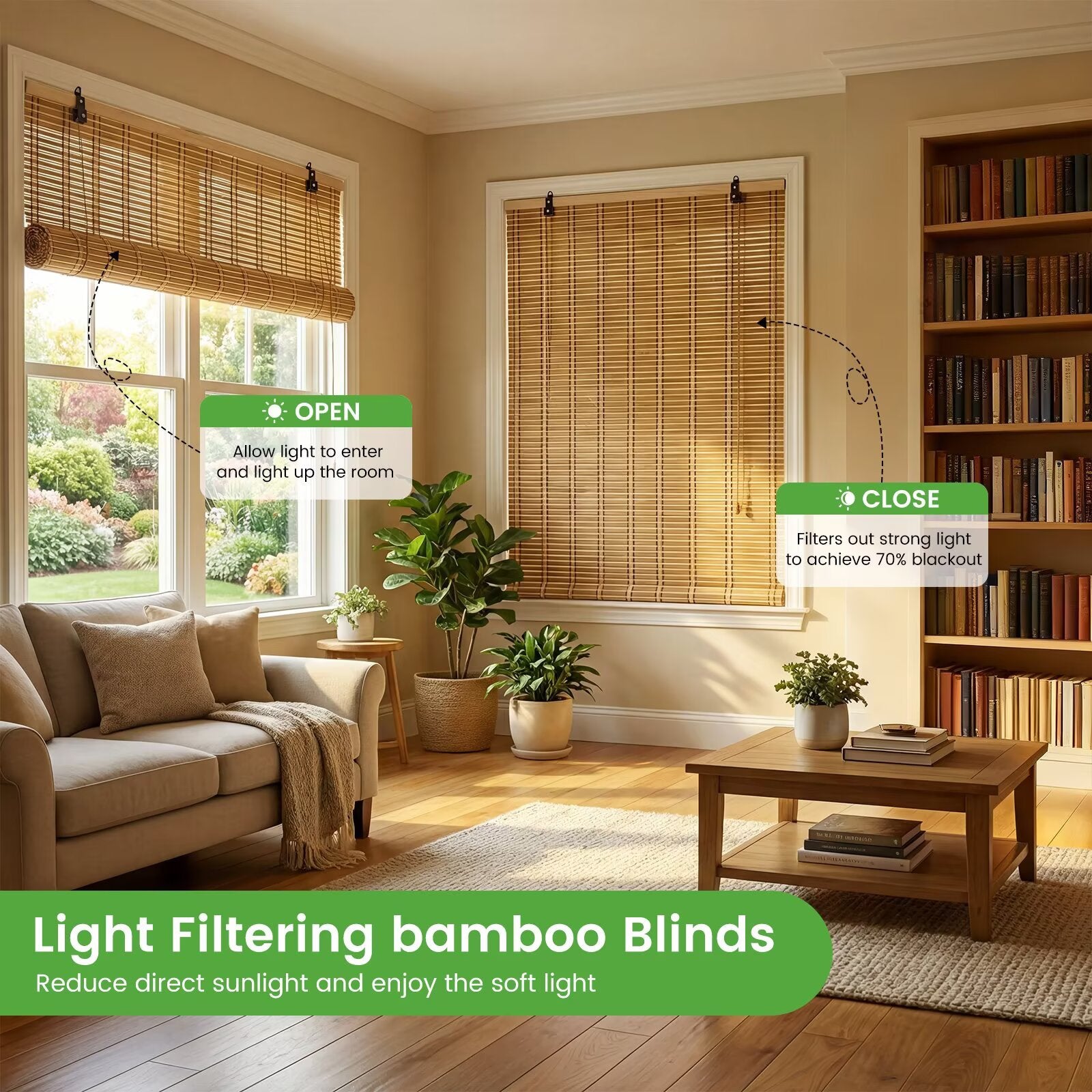 Free Shipping-Natural Bamboo Roller Shades, Classic Light Filtering Window Blinds, Easy Installation for Home & Patio, 5 Colors Available