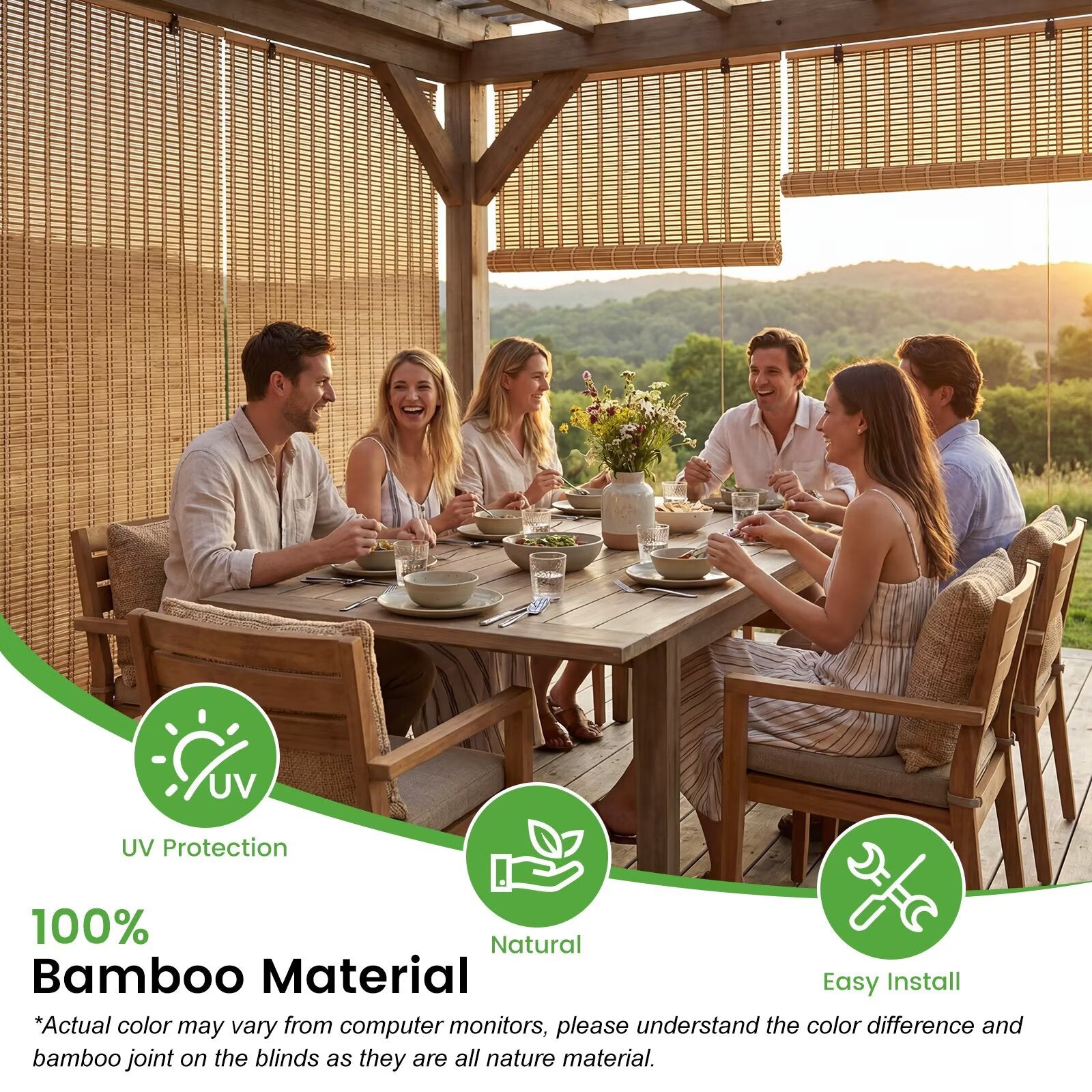 Free Shipping-Natural Bamboo Roller Shades, Classic Light Filtering Window Blinds, Easy Installation for Home & Patio, 5 Colors Available