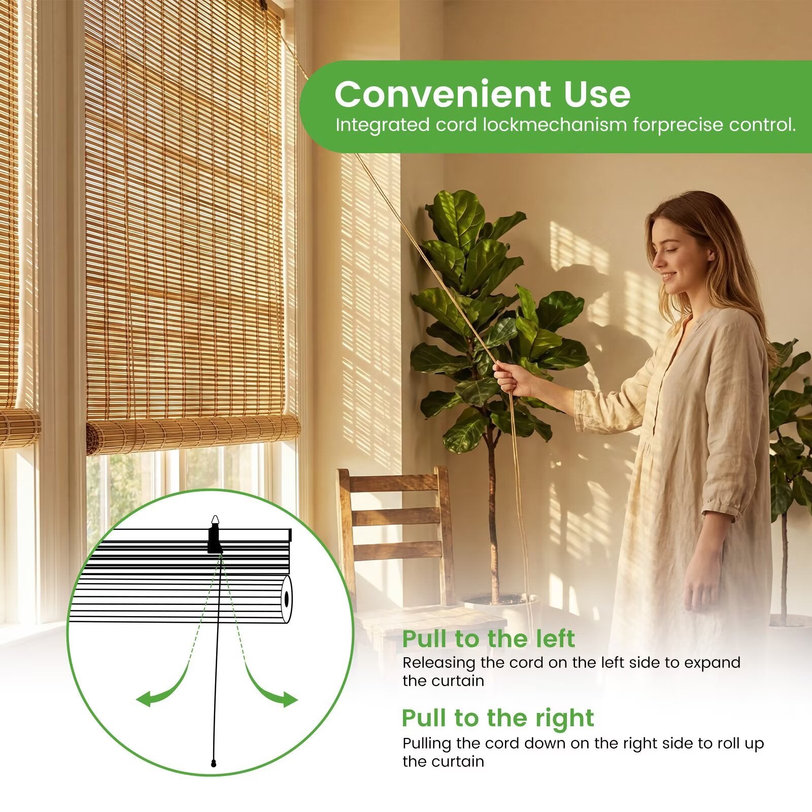 Free Shipping-Natural Bamboo Roller Shades, Classic Light Filtering Window Blinds, Easy Installation for Home & Patio, 5 Colors Available