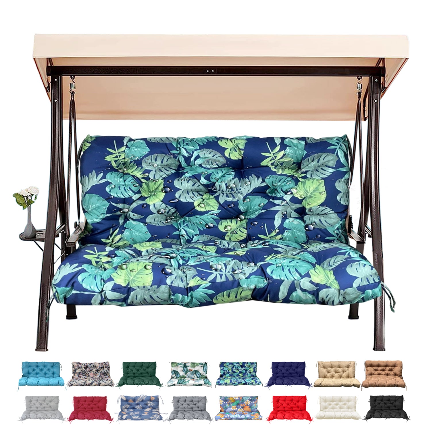 3 Size Outdoor Porch Swing Cushion with Backrest | All Weather Waterproof Tufted Patio Bench Replacement Pad, Anti-Slip Fixing Ties, Fade Resistant Swing Seat Cushion for 2/3-Seater Garden Hanging Swing