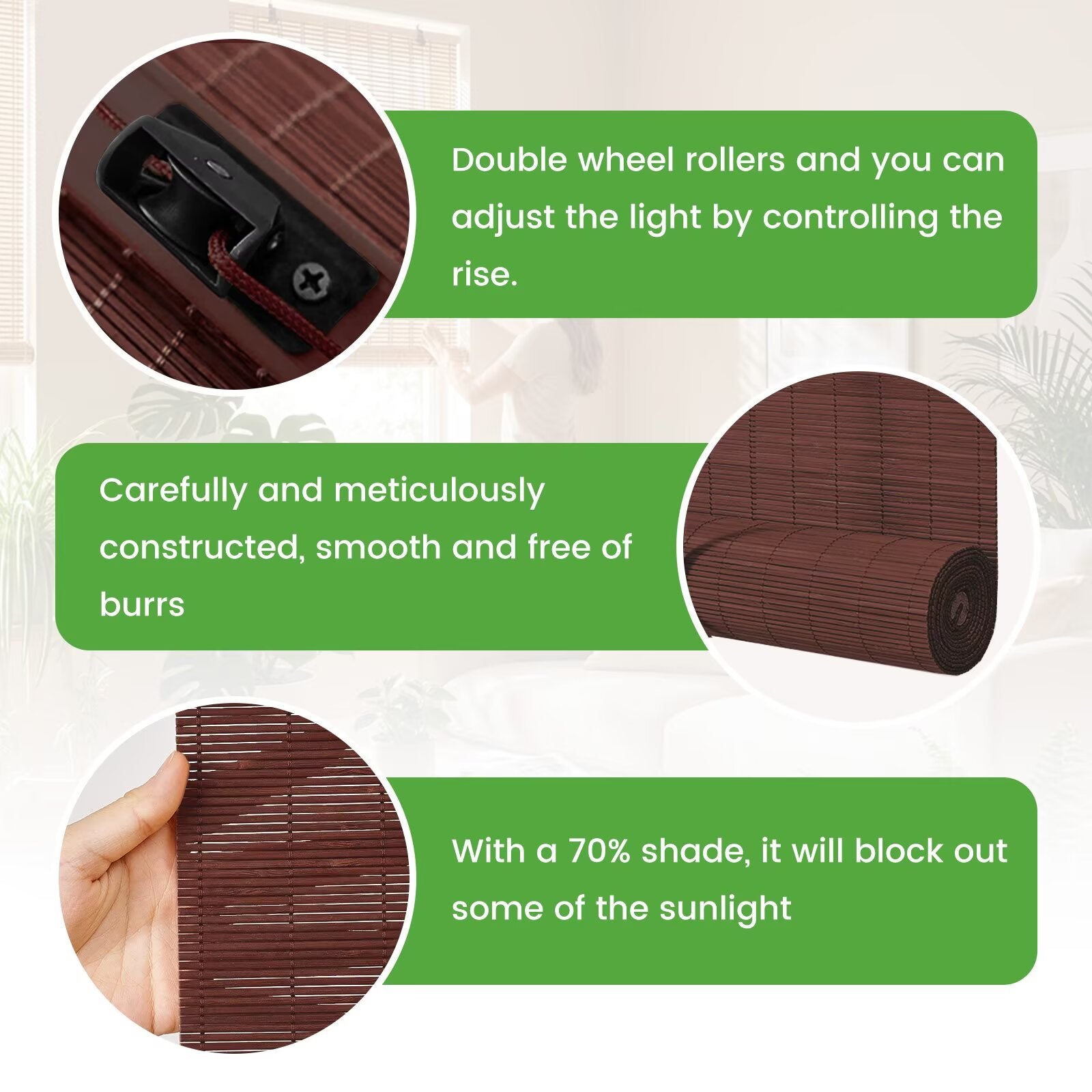 Free Shipping-Natural Bamboo Roller Shades, Classic Light Filtering Window Blinds, Easy Installation for Home & Patio, 5 Colors Available