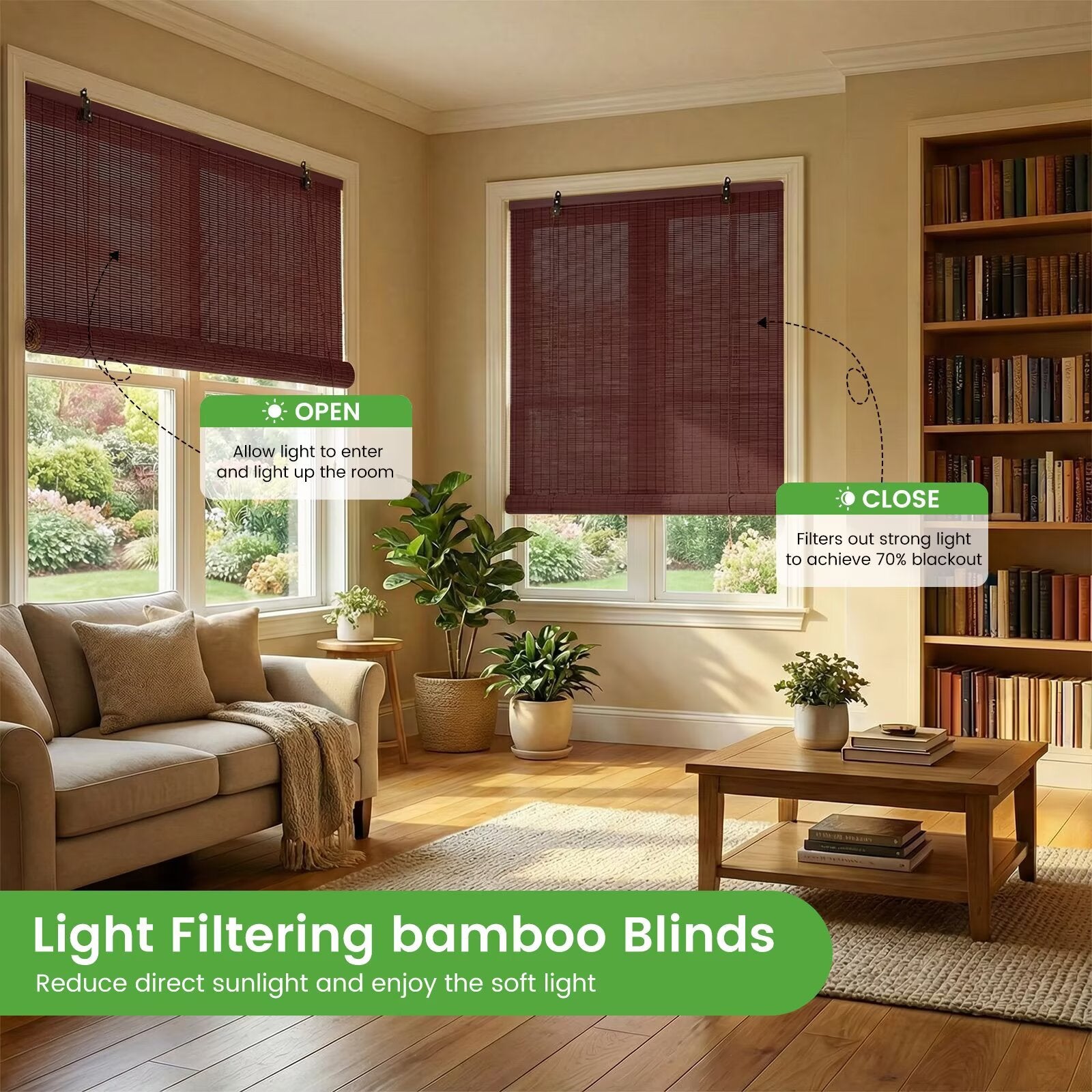 Free Shipping-Natural Bamboo Roller Shades, Classic Light Filtering Window Blinds, Easy Installation for Home & Patio, 5 Colors Available
