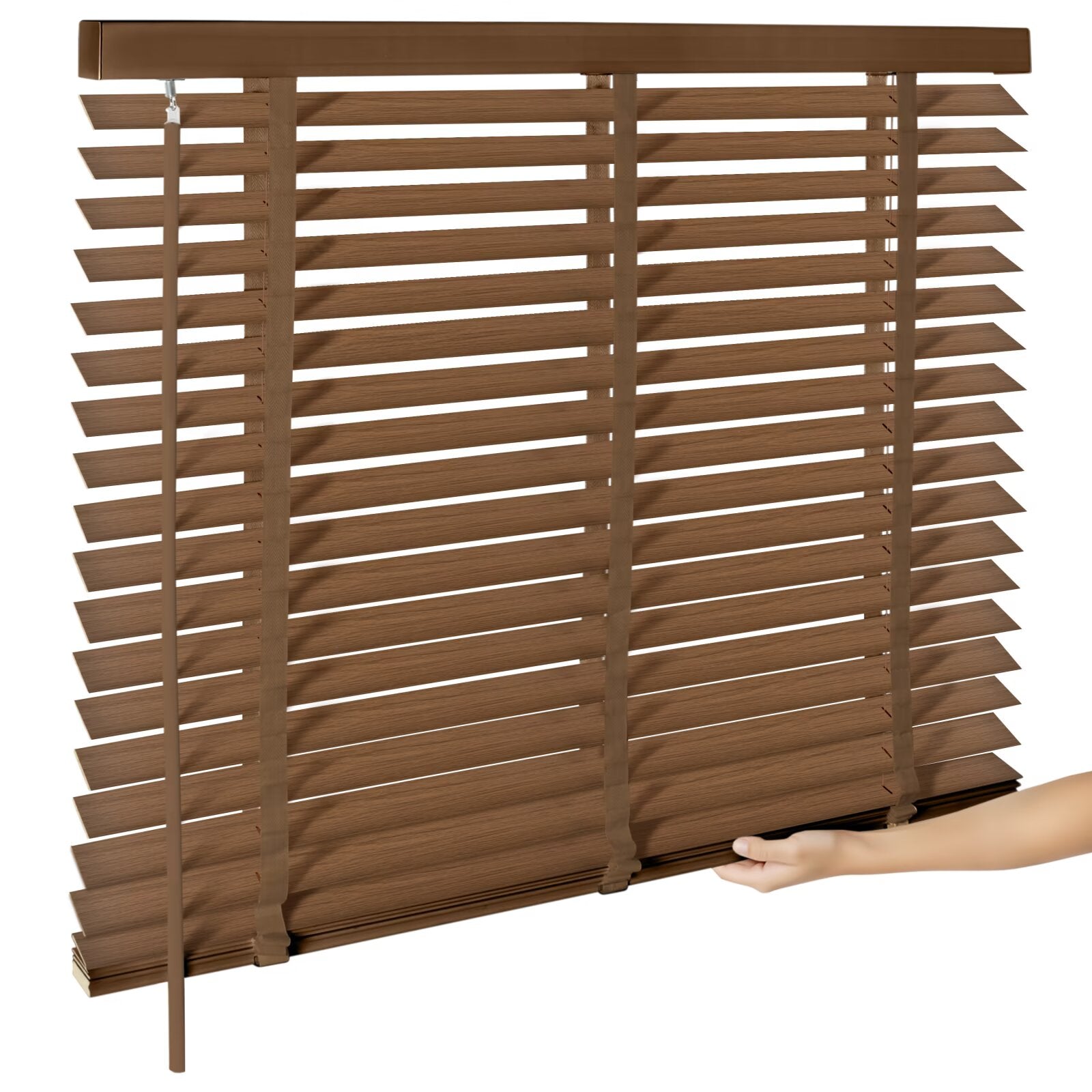 Brown cordless wood blinds with a hand adjusting the bottom rail, slats evenly spaced.