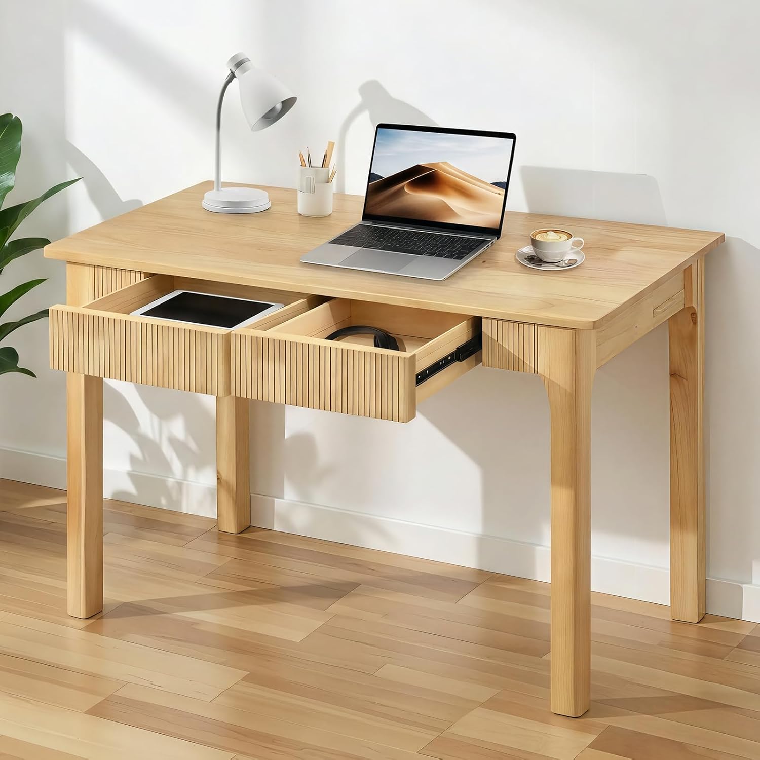 39.4"/47.2" Mid-Century Modern Fluted Solid Wood Writing Desk with 2 Storage Drawers, Oak Wood Computer Table Easy to Assemble for Home Office, Bedroom & Living Room, Natural & Walnut Finish