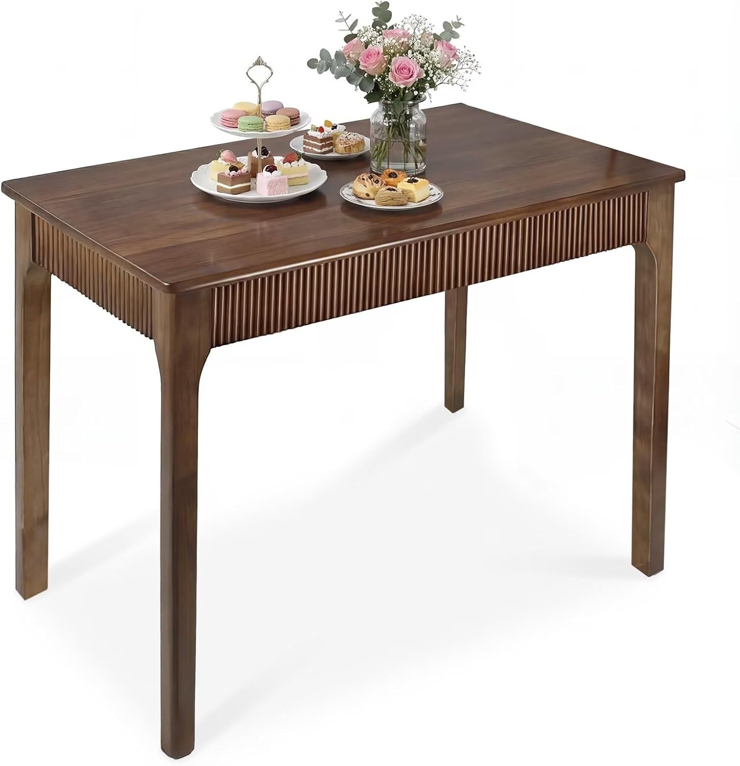 Natural & Walnut Solid Wood Dining Table for 4-6 People, Mid-Century Modern Farmhouse Rectangular Kitchen Table with Fluted Front Panel, Multipurpose Wooden Desk for Apartment, Living Room & Home Office