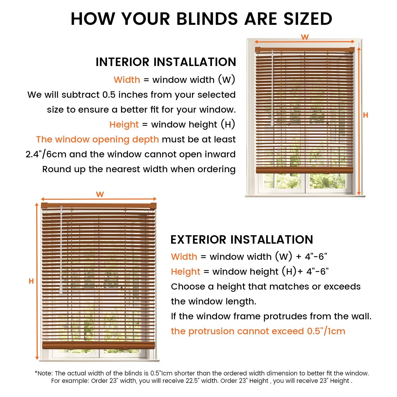 Brown PVC mini blinds sizing layout for window width and height measurements