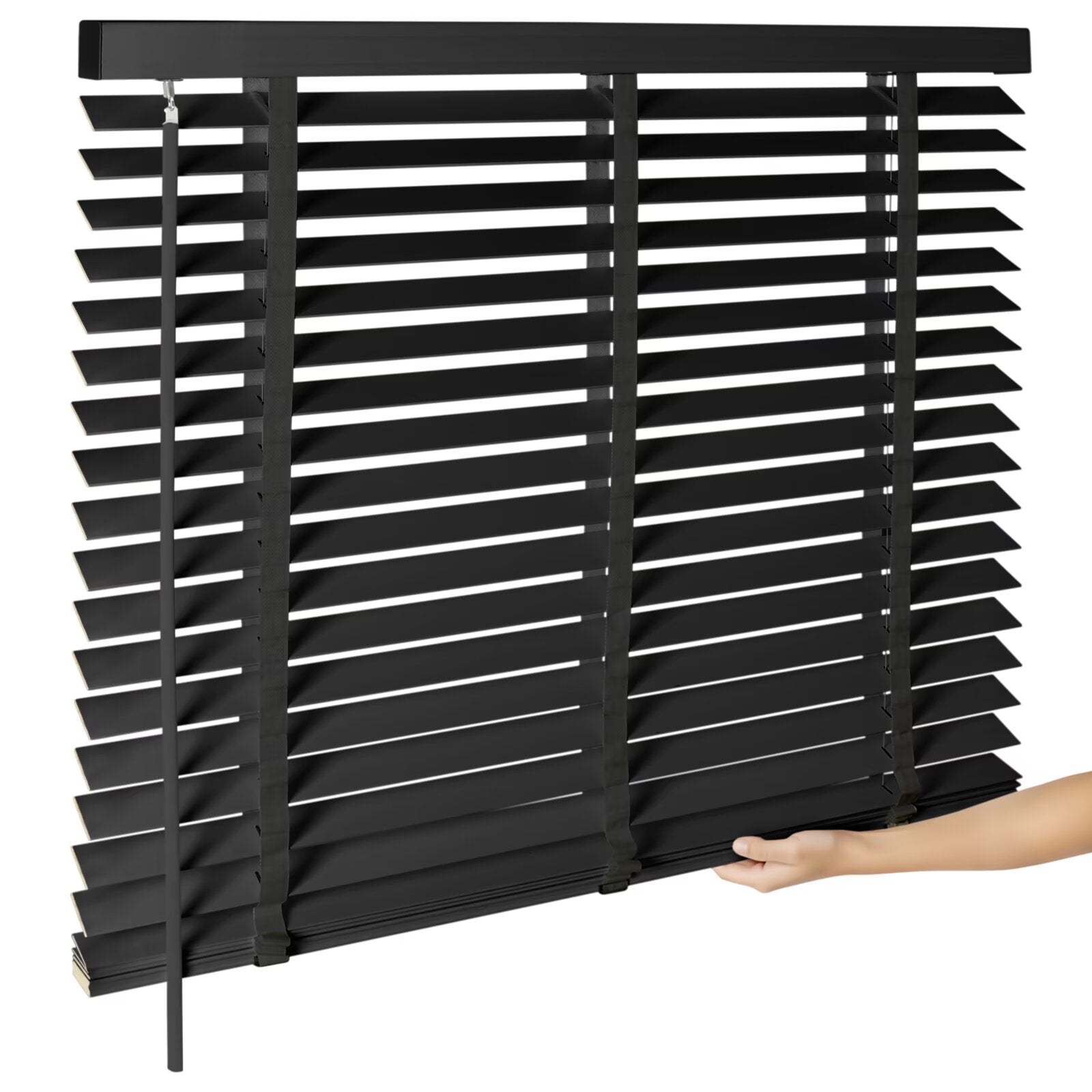 Dark cordless solid wood blinds with horizontal slats and ladder cords