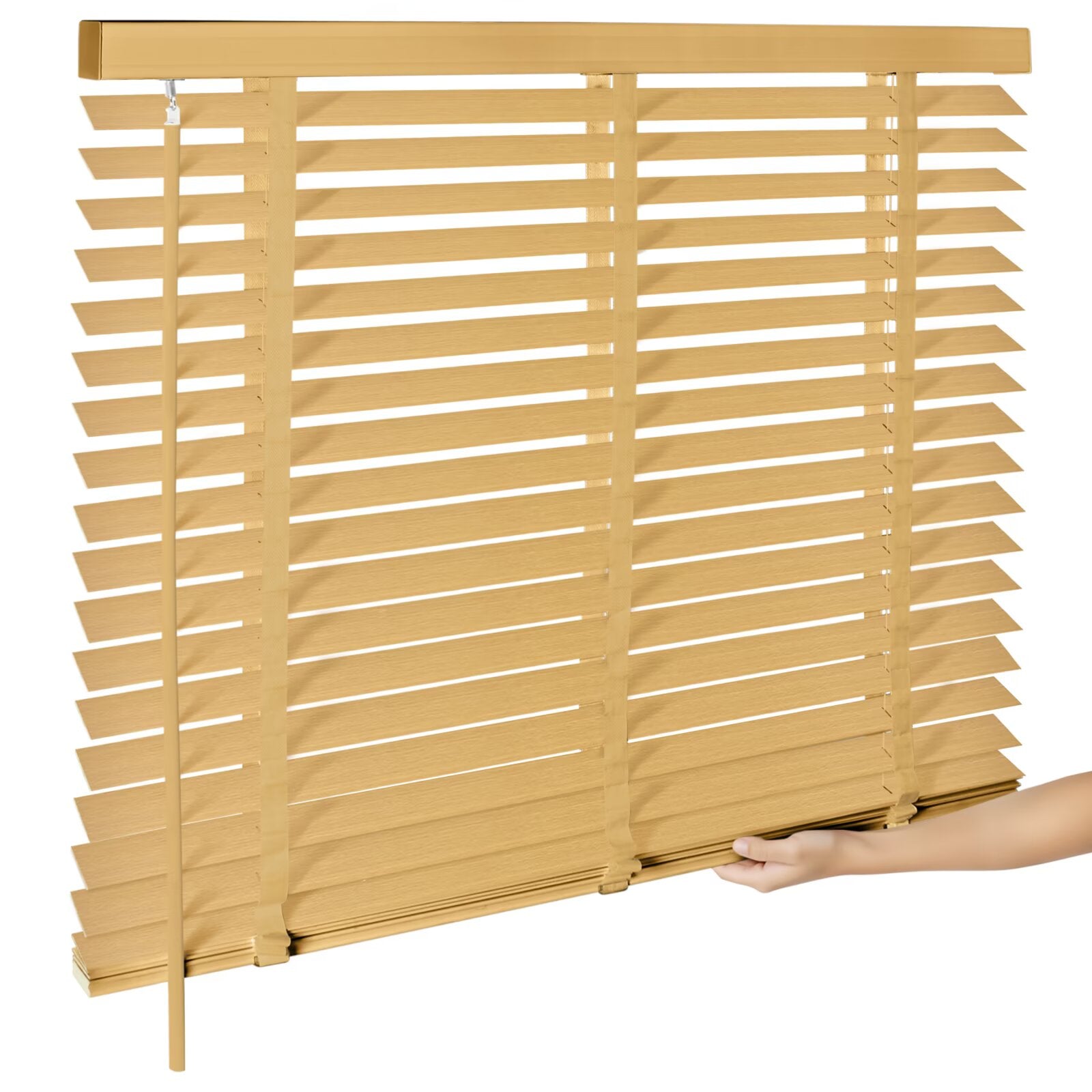 Light tan cordless wood blinds with a hand lifting the bottom rail to open the slats.