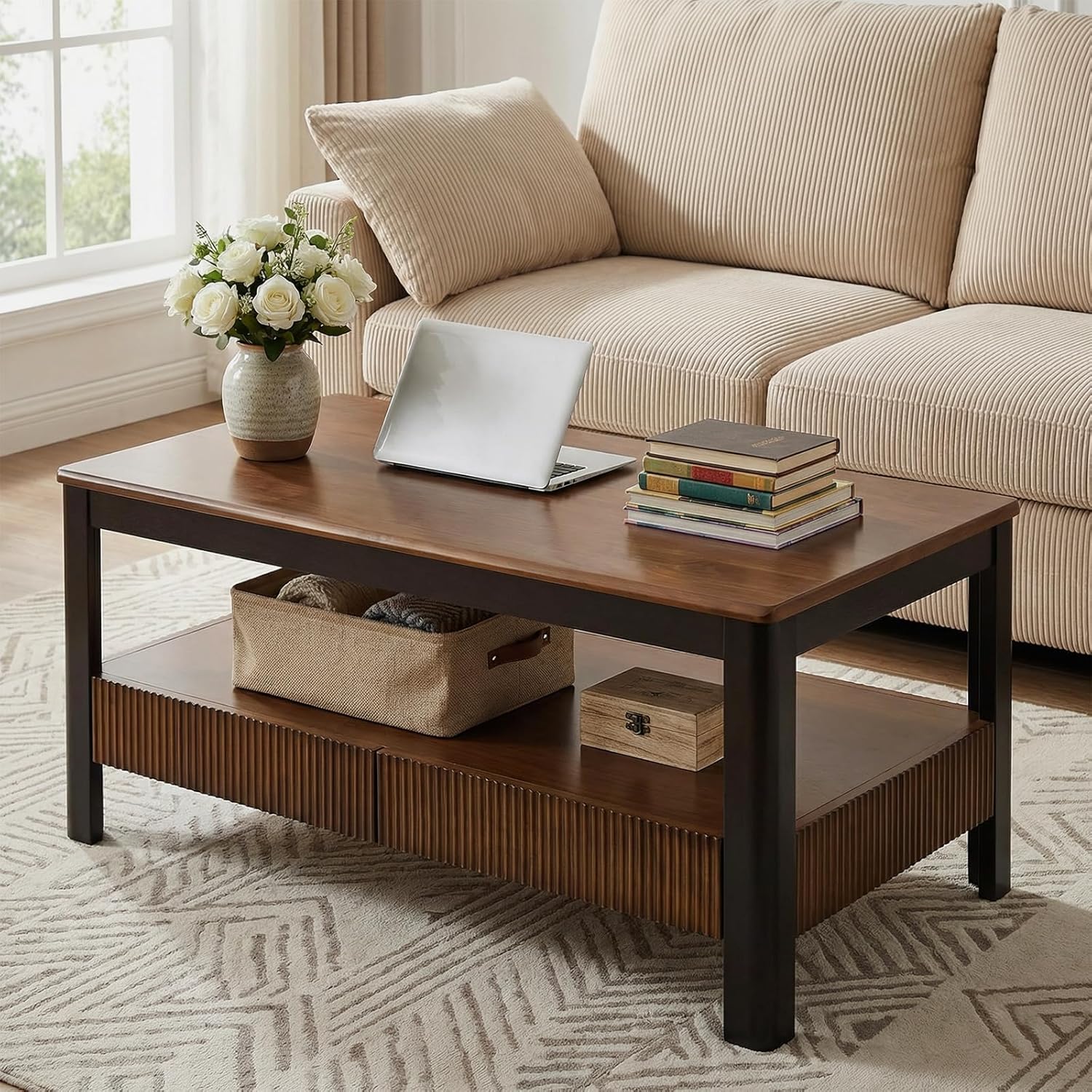 Walnut Solid Wood Coffee Table - Mid-Century Modern Fluted Coffee Table with 2 Drawers & Open Shelf Storage for Living Room, Oak Rectangle Style