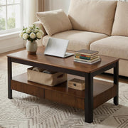 Walnut Solid Wood Coffee Table - Mid-Century Modern Fluted Coffee Table with 2 Drawers & Open Shelf Storage for Living Room, Oak Rectangle Style