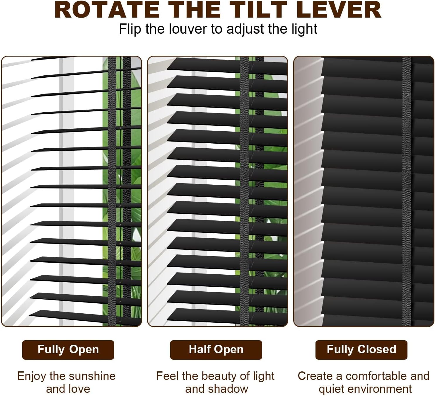Cordless faux wood blinds tilt lever adjustment showing fully open, half-open, and closed