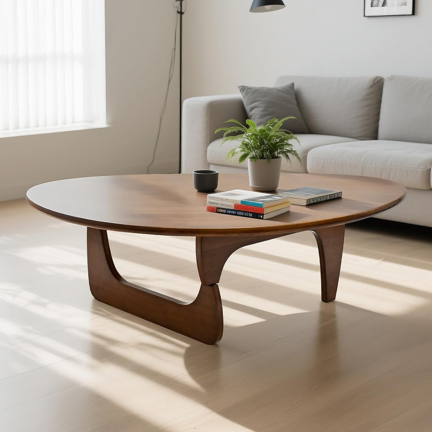Mid-Century Modern Triangular Solid Wood Coffee Table - Unique Irregular Geometric Oval Table with Reinforced Legs for Living Room