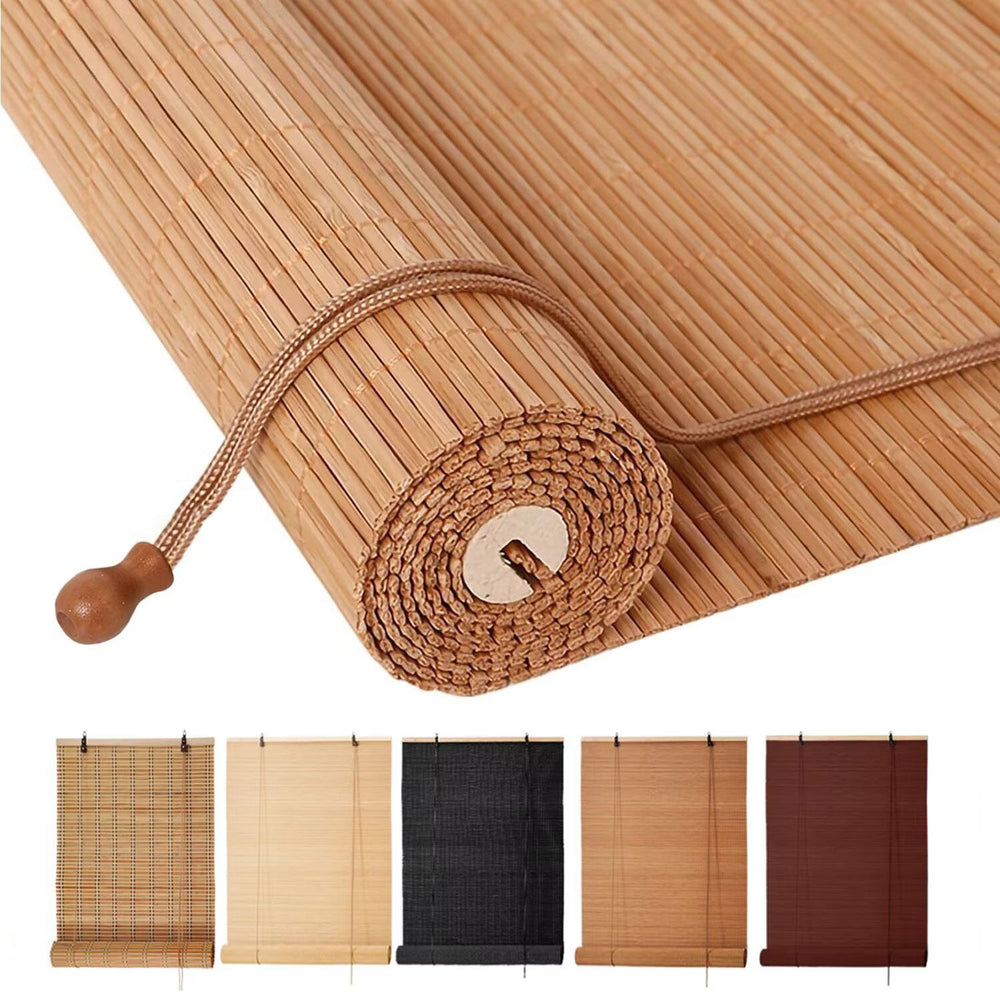 Natural bamboo roller shade with rolled core and beige pull cord, light tan slats