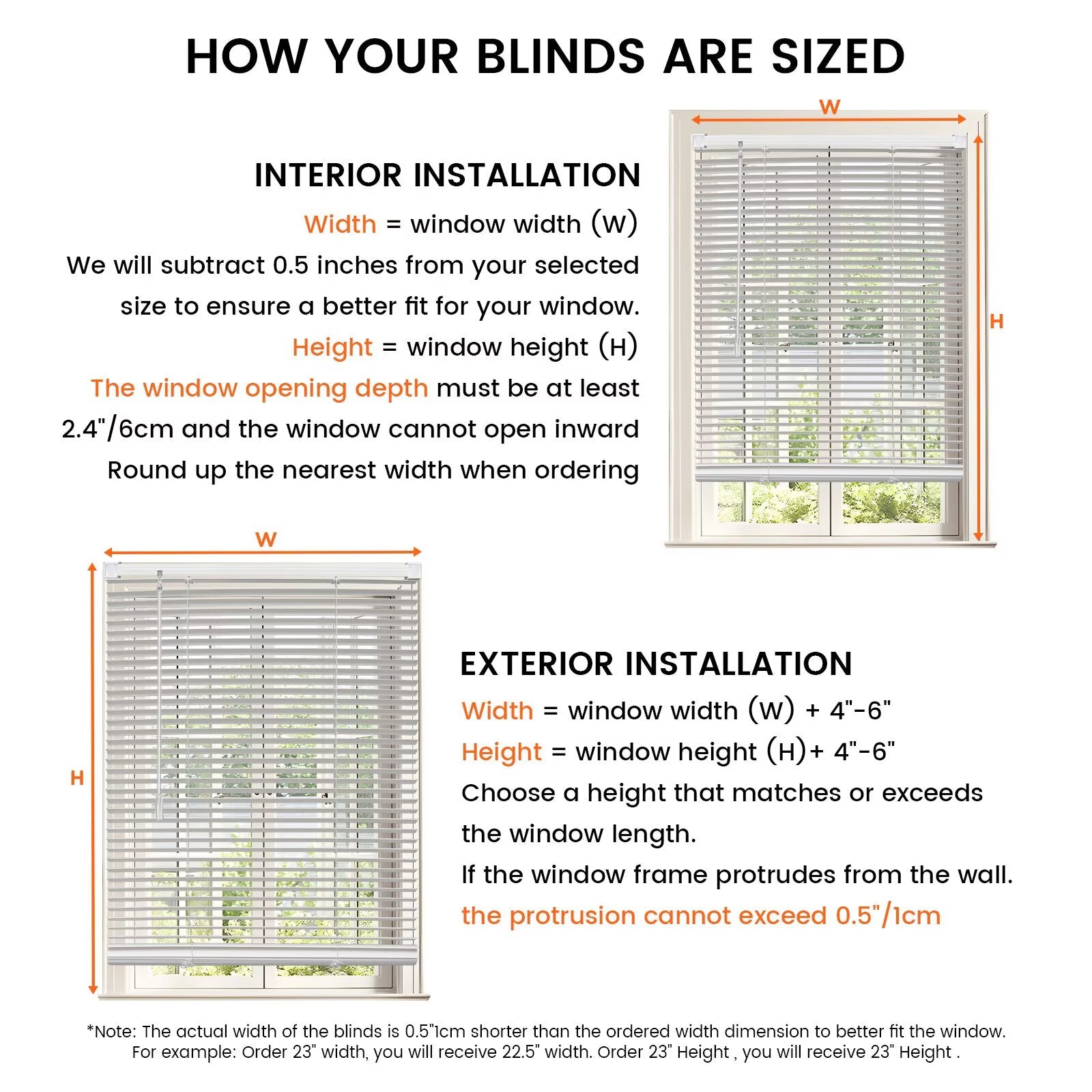 White mini blinds sizing diagram for interior and exterior installation