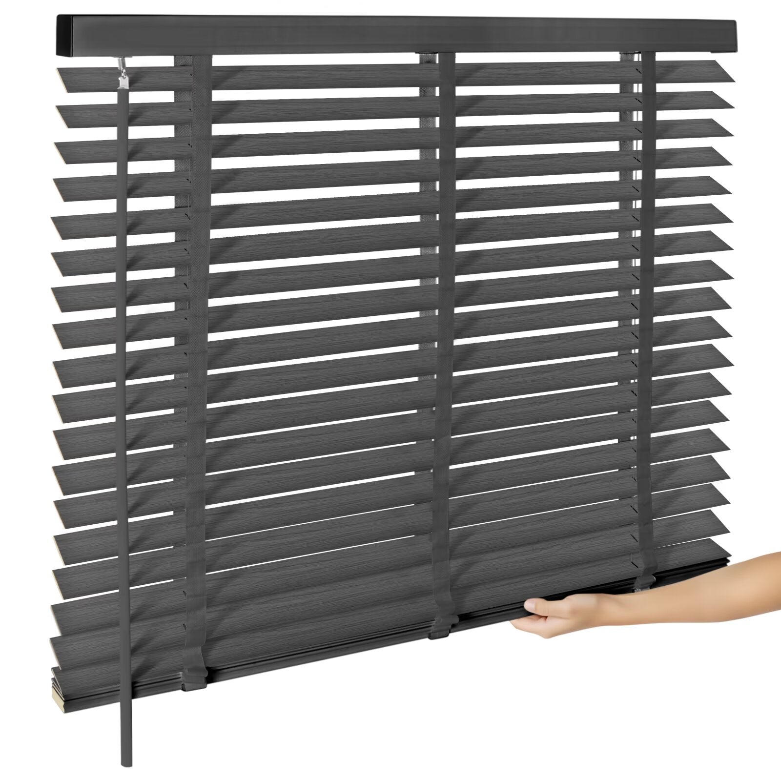 Dark cordless solid wood blinds, side view with horizontal slats
