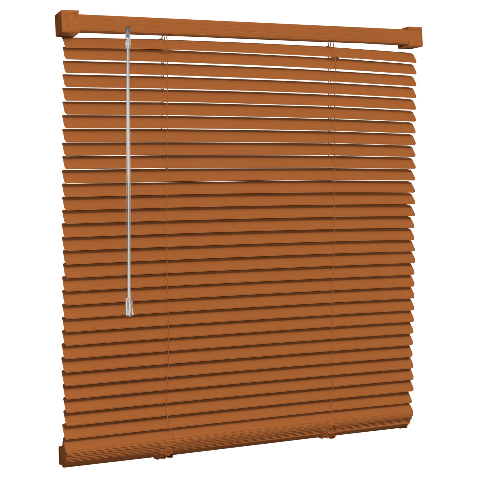 Brown PVC mini blinds fully closed, horizontal slats with vertical lift cord
