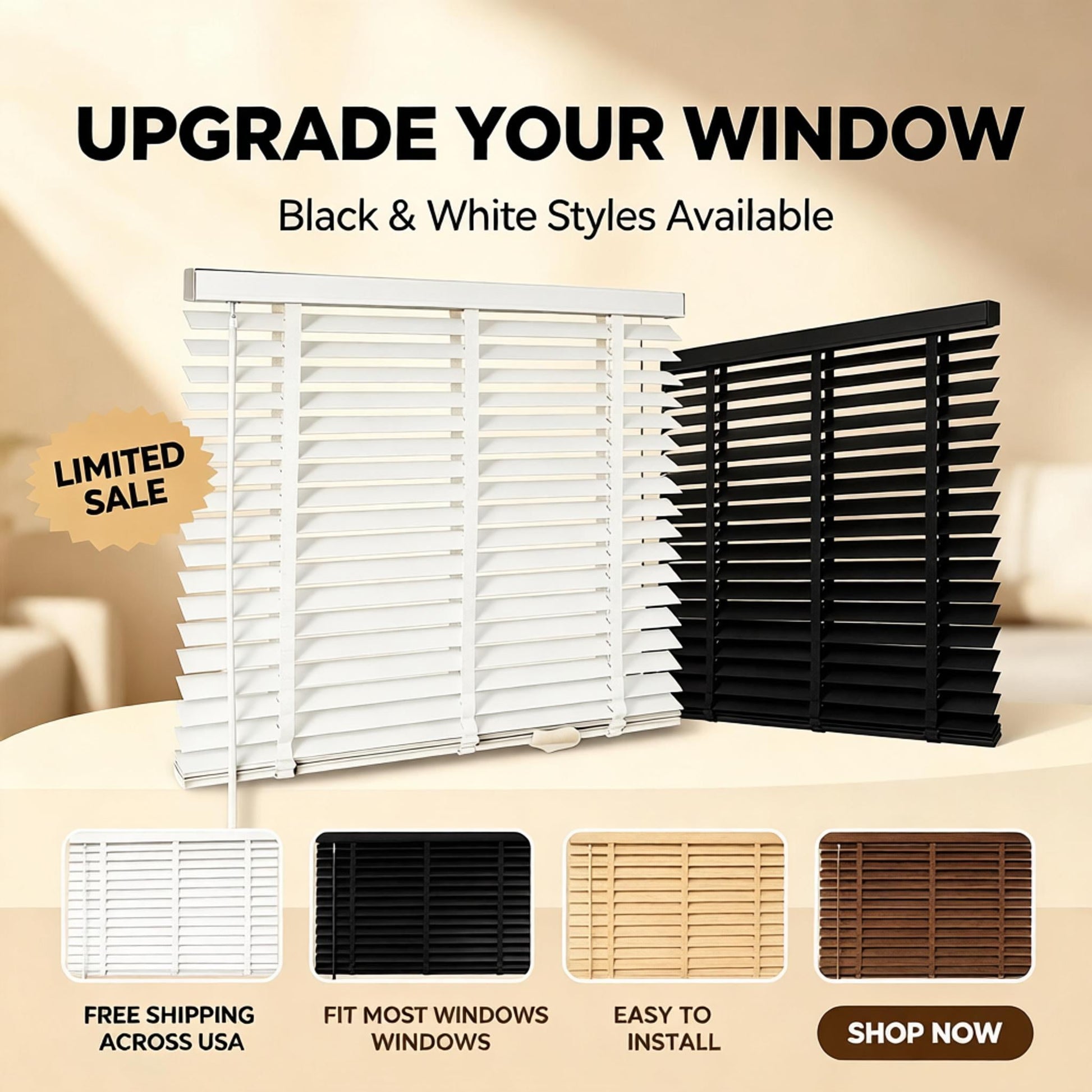 Cordless solid wood blinds in white and black slat styles shown side by side.