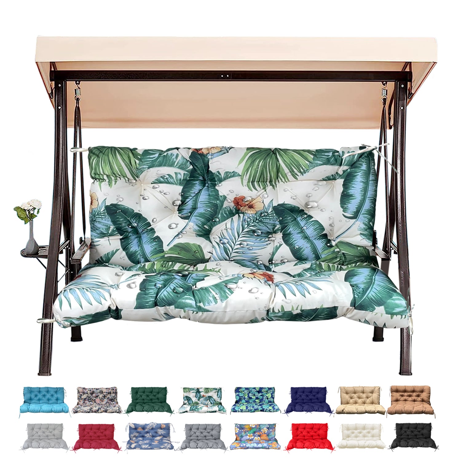 3 Size Outdoor Porch Swing Cushion with Backrest | All Weather Waterproof Tufted Patio Bench Replacement Pad, Anti-Slip Fixing Ties, Fade Resistant Swing Seat Cushion for 2/3-Seater Garden Hanging Swing