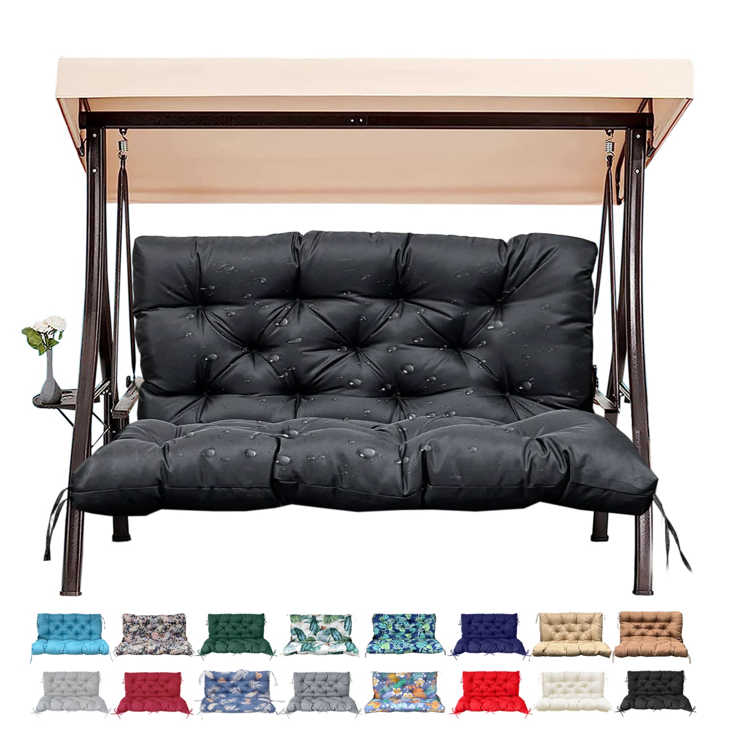 3 Size Outdoor Porch Swing Cushion with Backrest | All Weather Waterproof Tufted Patio Bench Replacement Pad, Anti-Slip Fixing Ties, Fade Resistant Swing Seat Cushion for 2/3-Seater Garden Hanging Swing