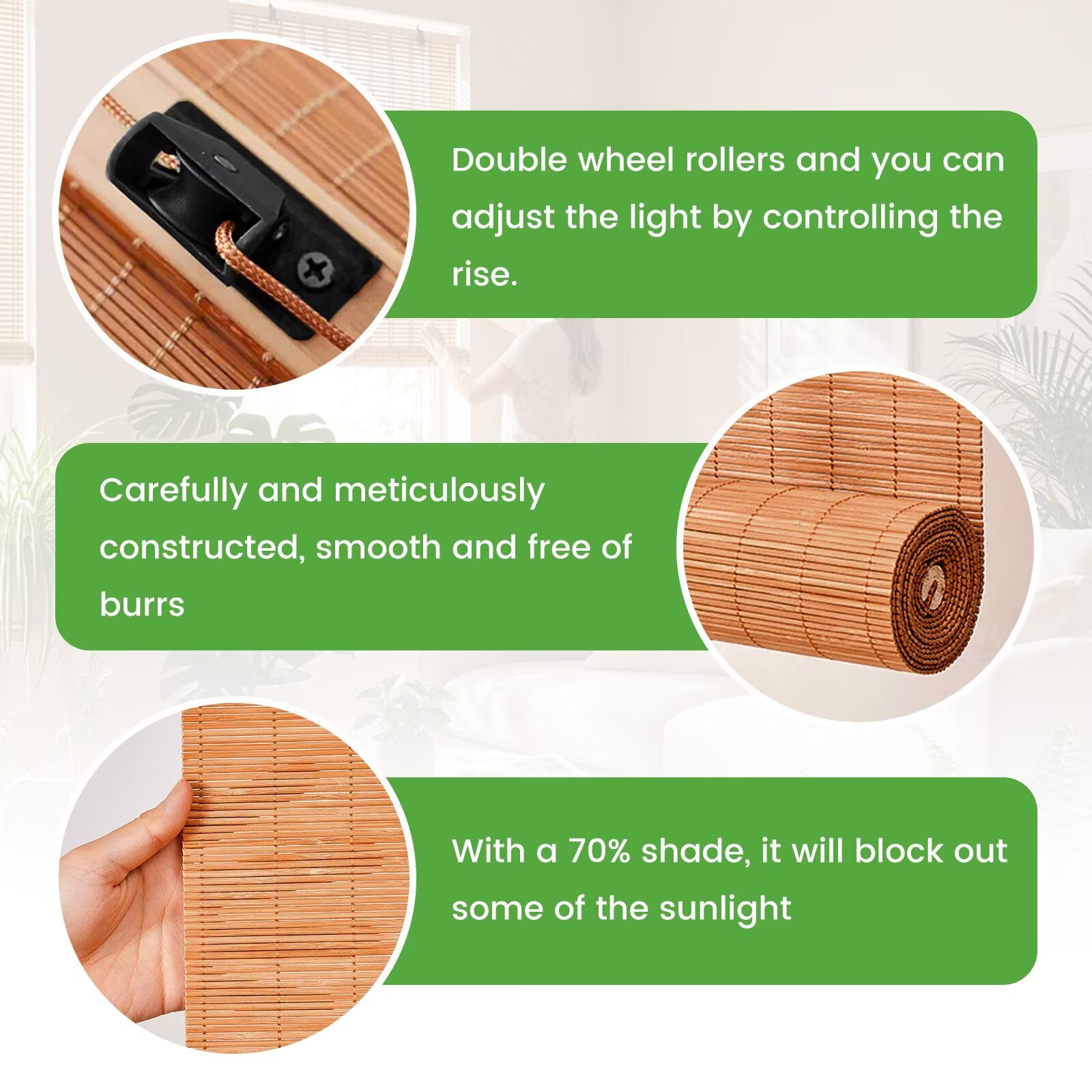 Free Shipping-Natural Bamboo Roller Shades, Classic Light Filtering Window Blinds, Easy Installation for Home & Patio, 5 Colors Available