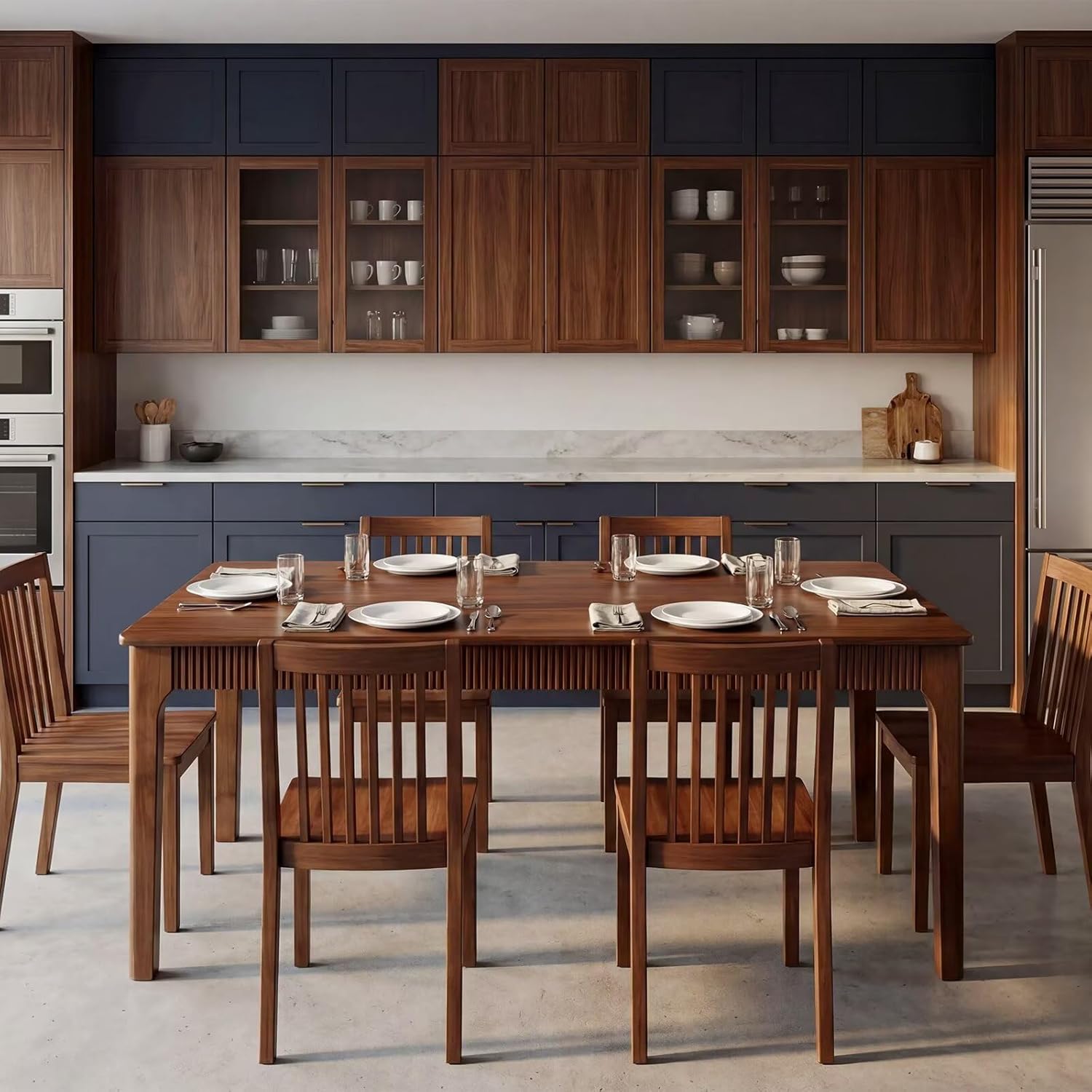 Natural & Walnut Solid Wood Dining Table for 4-6 People, Mid-Century Modern Farmhouse Rectangular Kitchen Table with Fluted Front Panel, Multipurpose Wooden Desk for Apartment, Living Room & Home Office