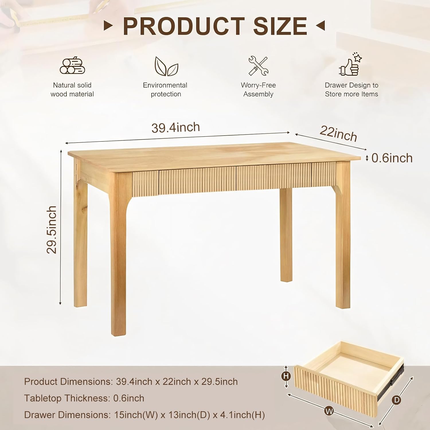 39.4"/47.2" Mid-Century Modern Fluted Solid Wood Writing Desk with 2 Storage Drawers, Oak Wood Computer Table Easy to Assemble for Home Office, Bedroom & Living Room, Natural & Walnut Finish
