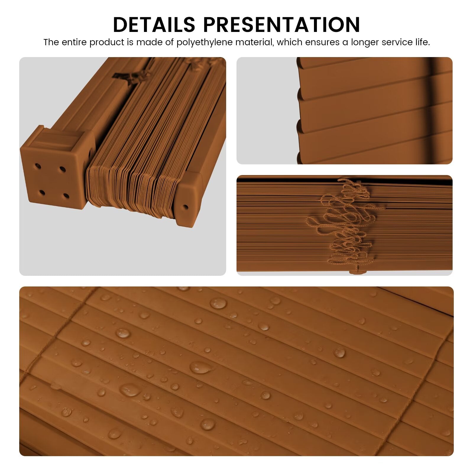 Brown PVC mini blind headrail and slats with textured, water-resistant surface