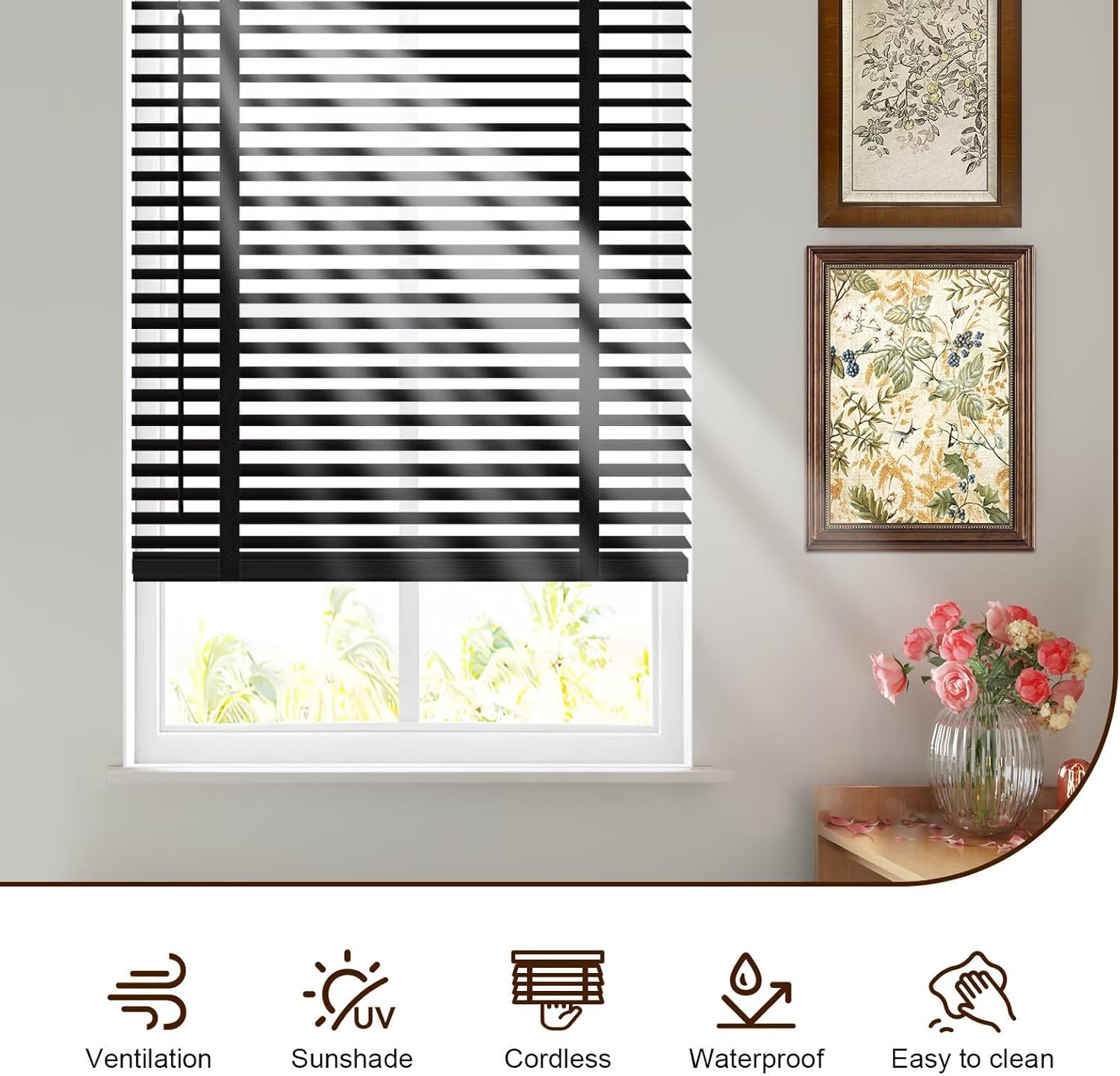 Cordless faux wood blinds installed on a window, black slats with lowered shade