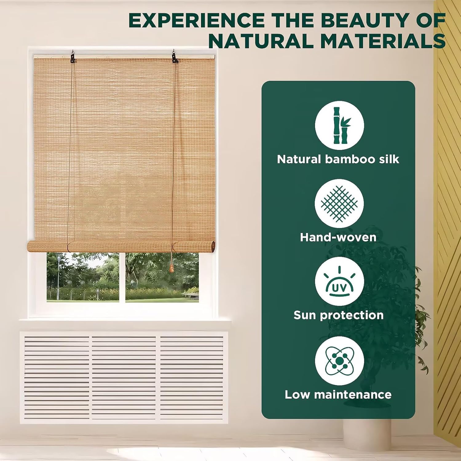Close-up of natural bamboo slats texture on roll-up blinds