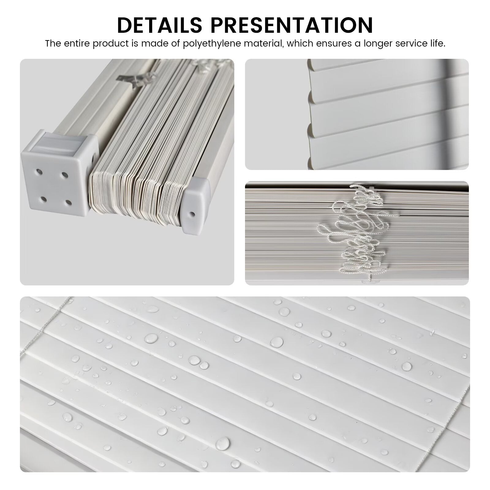 White mini blinds detail view showing slats and polyethylene material