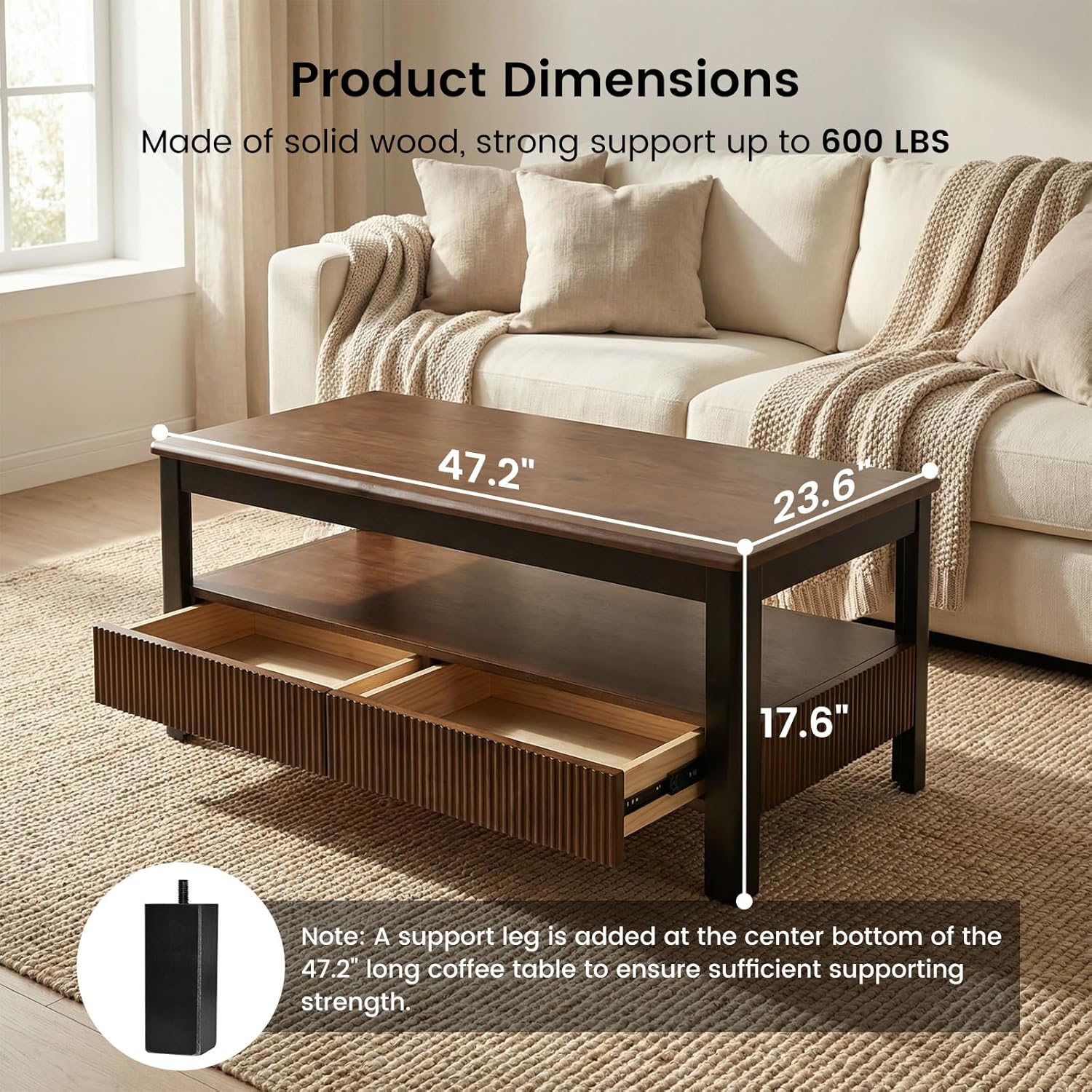 Walnut Solid Wood Coffee Table - Mid-Century Modern Fluted Coffee Table with 2 Drawers & Open Shelf Storage for Living Room, Oak Rectangle Style
