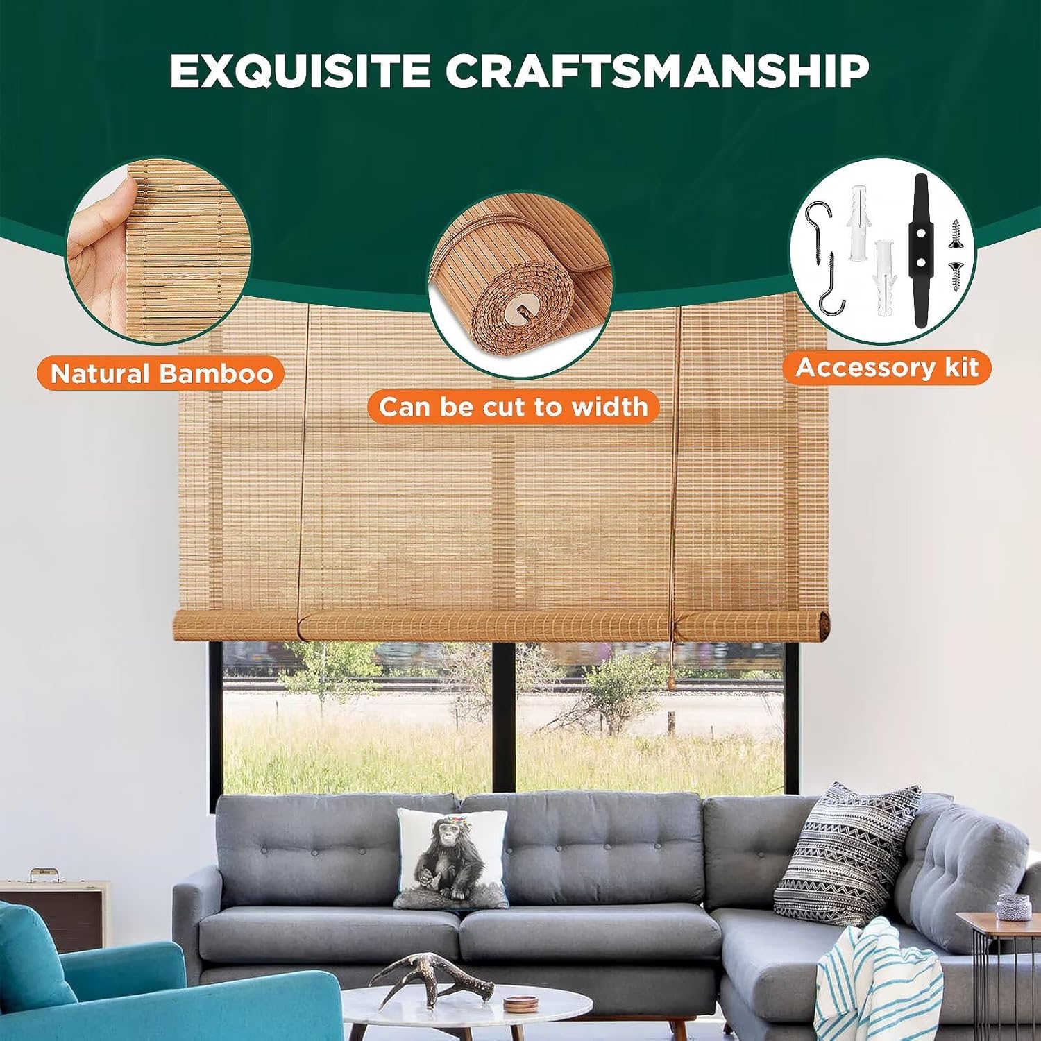 Bamboo roll-up blinds partially raised in a modern living room