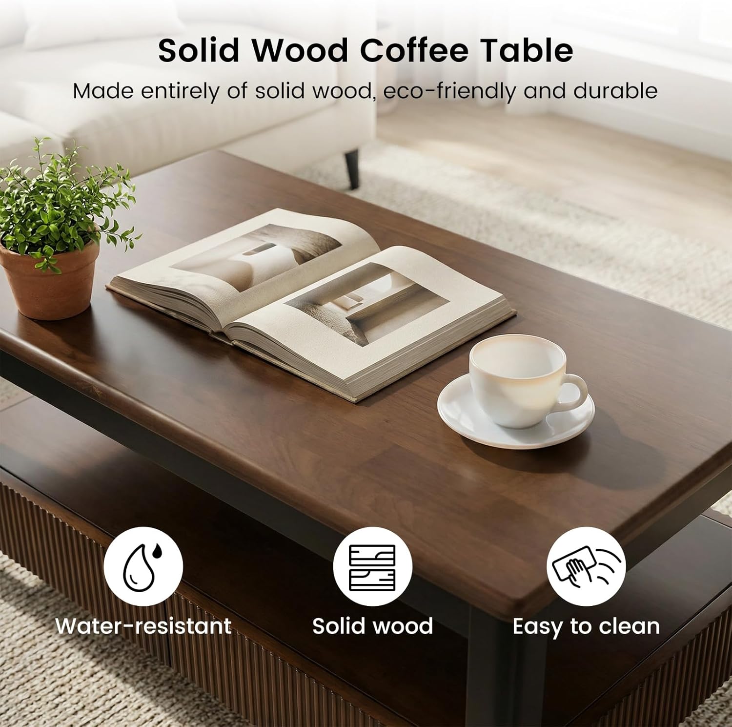 Walnut Solid Wood Coffee Table - Mid-Century Modern Fluted Coffee Table with 2 Drawers & Open Shelf Storage for Living Room, Oak Rectangle Style