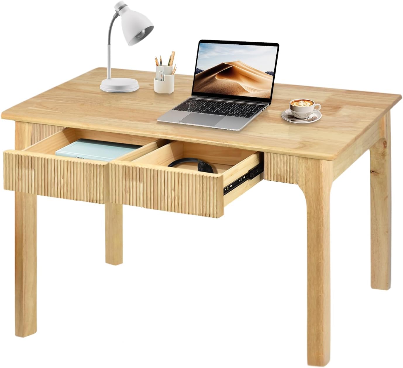 39.4"/47.2" Mid-Century Modern Solid Wood Desk with 2 Drawers - Fluted Design Writing & Computer Table for Home Office, Bedroom & Living Room, Vintage Finish