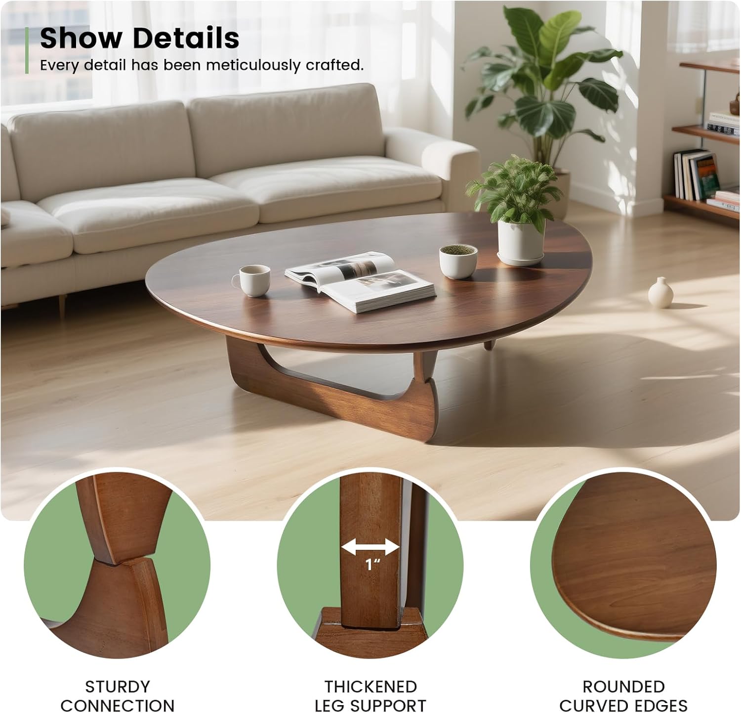 Mid-Century Modern Triangular Solid Wood Coffee Table - Unique Irregular Geometric Oval Table with Reinforced Legs for Living Room