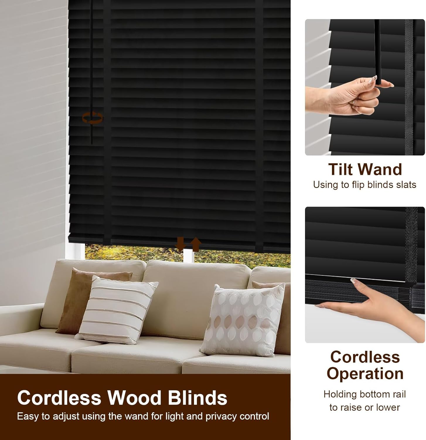 Cordless faux wood blinds with tilt wand and hand adjusting horizontal slats