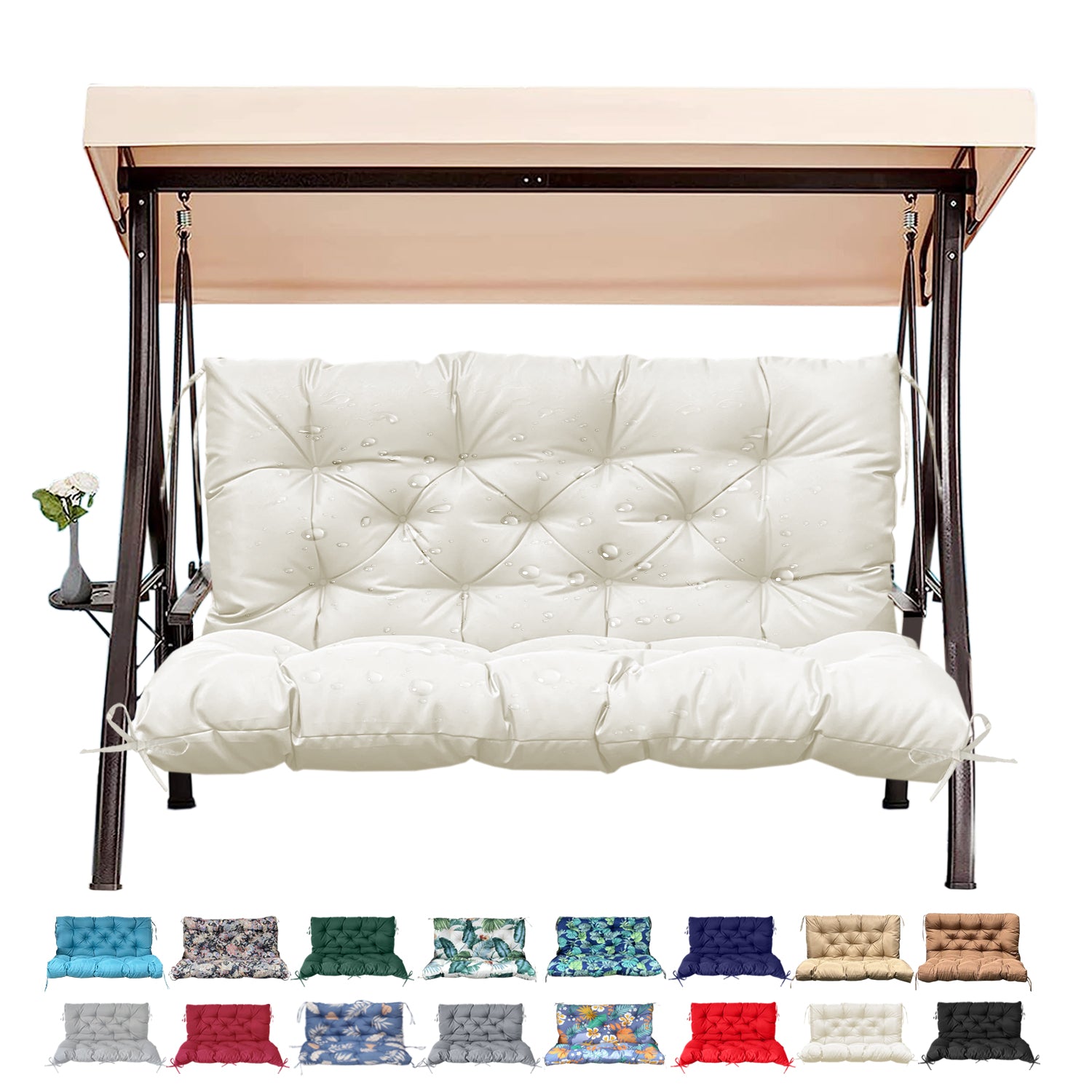3 Size Outdoor Porch Swing Cushion with Backrest | All Weather Waterproof Tufted Patio Bench Replacement Pad, Anti-Slip Fixing Ties, Fade Resistant Swing Seat Cushion for 2/3-Seater Garden Hanging Swing