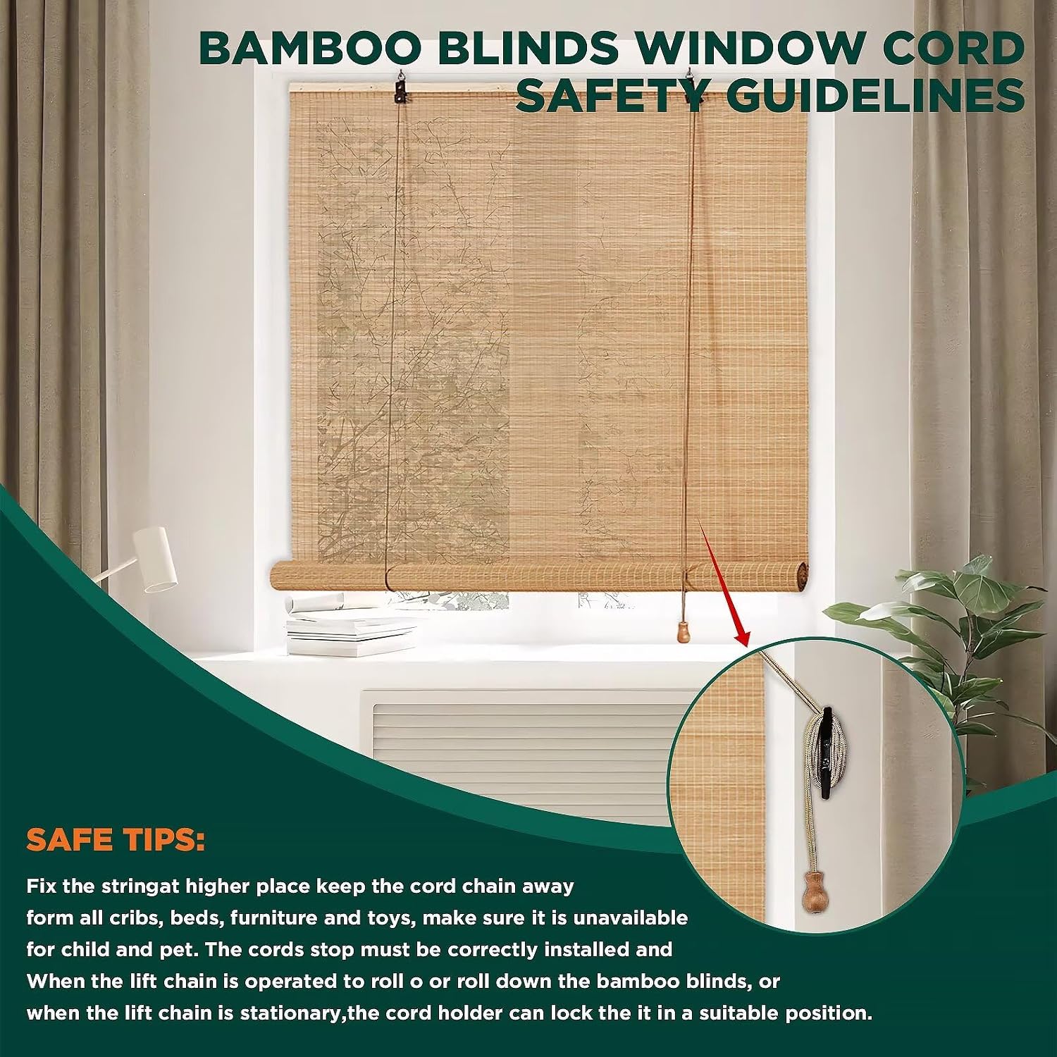 Roll-up bamboo blinds in neutral tone complementing minimalist decor