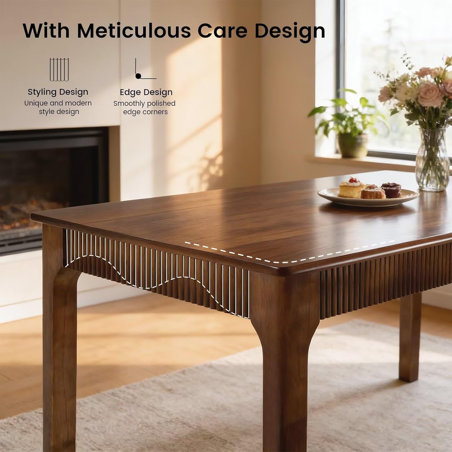 Natural & Walnut Solid Wood Dining Table for 4-6 People, Mid-Century Modern Farmhouse Rectangular Kitchen Table with Fluted Front Panel, Multipurpose Wooden Desk for Apartment, Living Room & Home Office