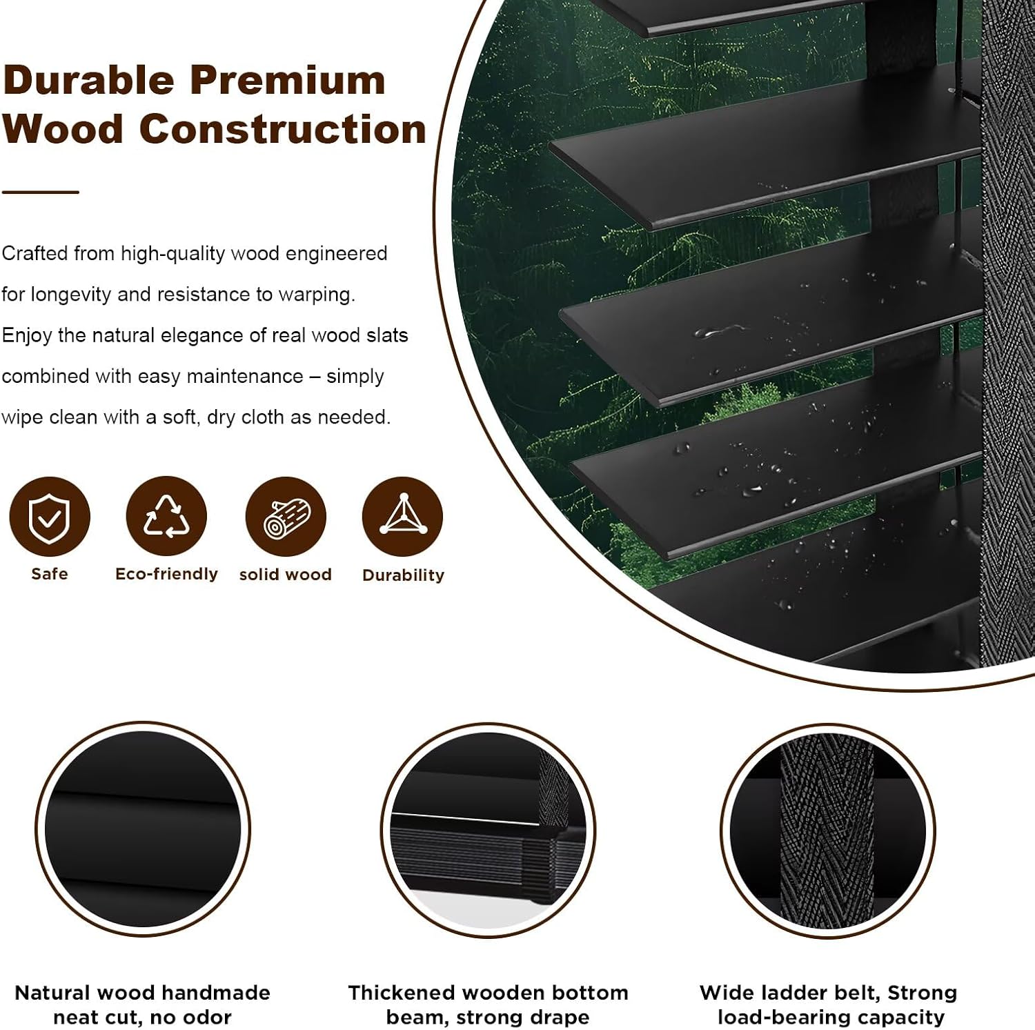 Solid wood blinds durability close-up with dark slats and quality construction details.
