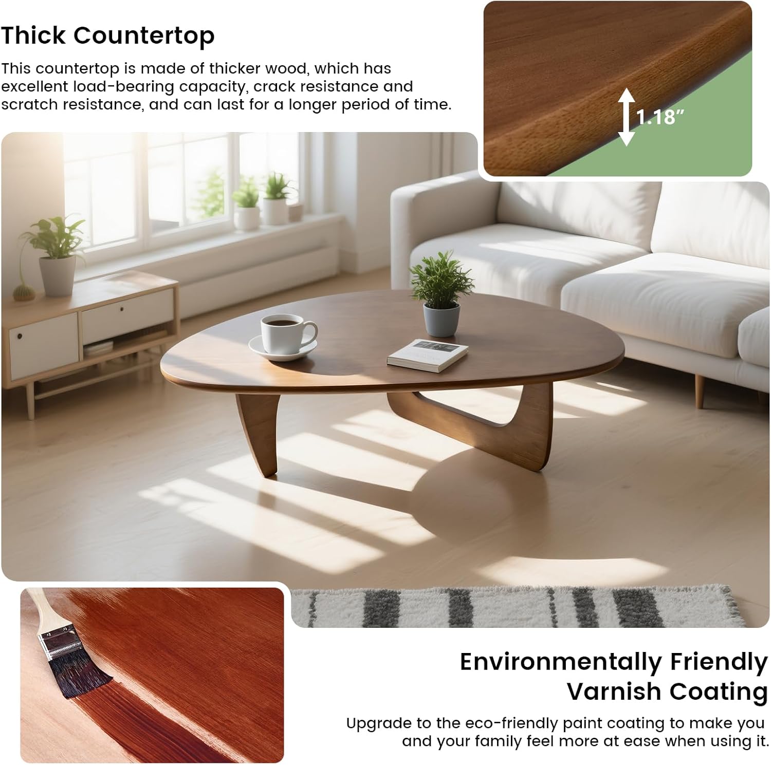 Mid-Century Modern Triangular Solid Wood Coffee Table - Unique Irregular Geometric Oval Table with Reinforced Legs for Living Room