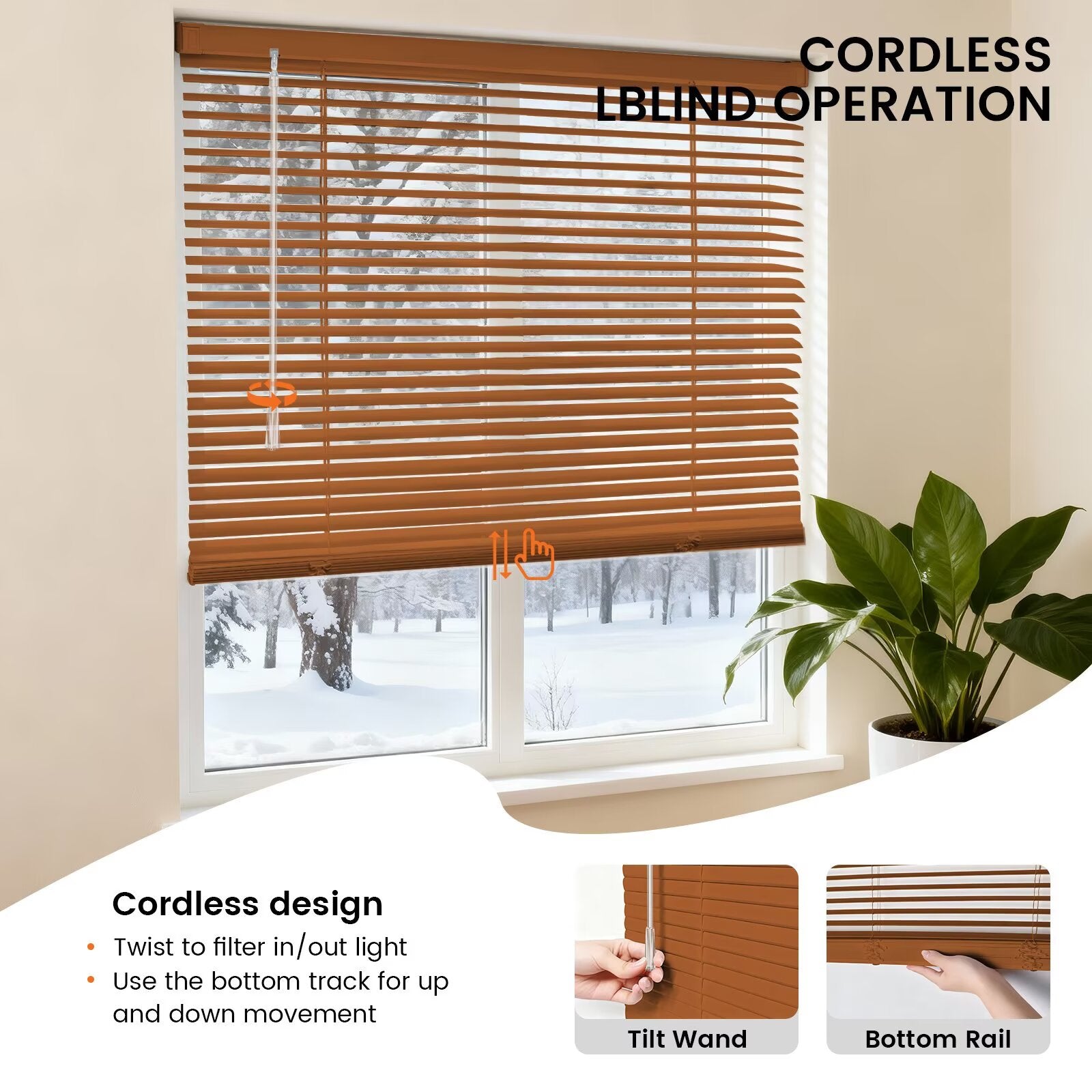 Brown PVC mini blinds with horizontal slats, cordless tilt and bottom-rail operation