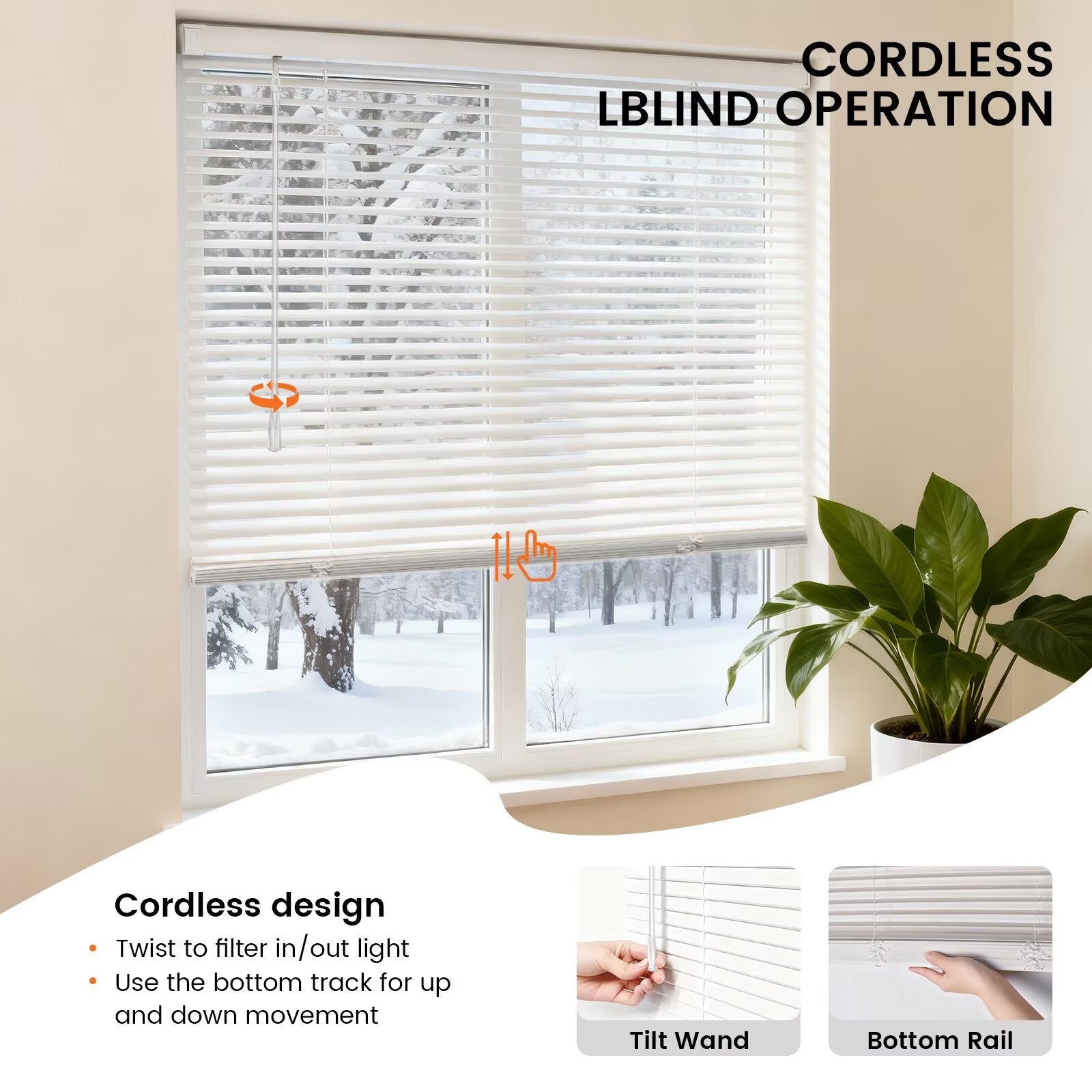 Cordless white mini blinds with tilt wand and bottom rail controls